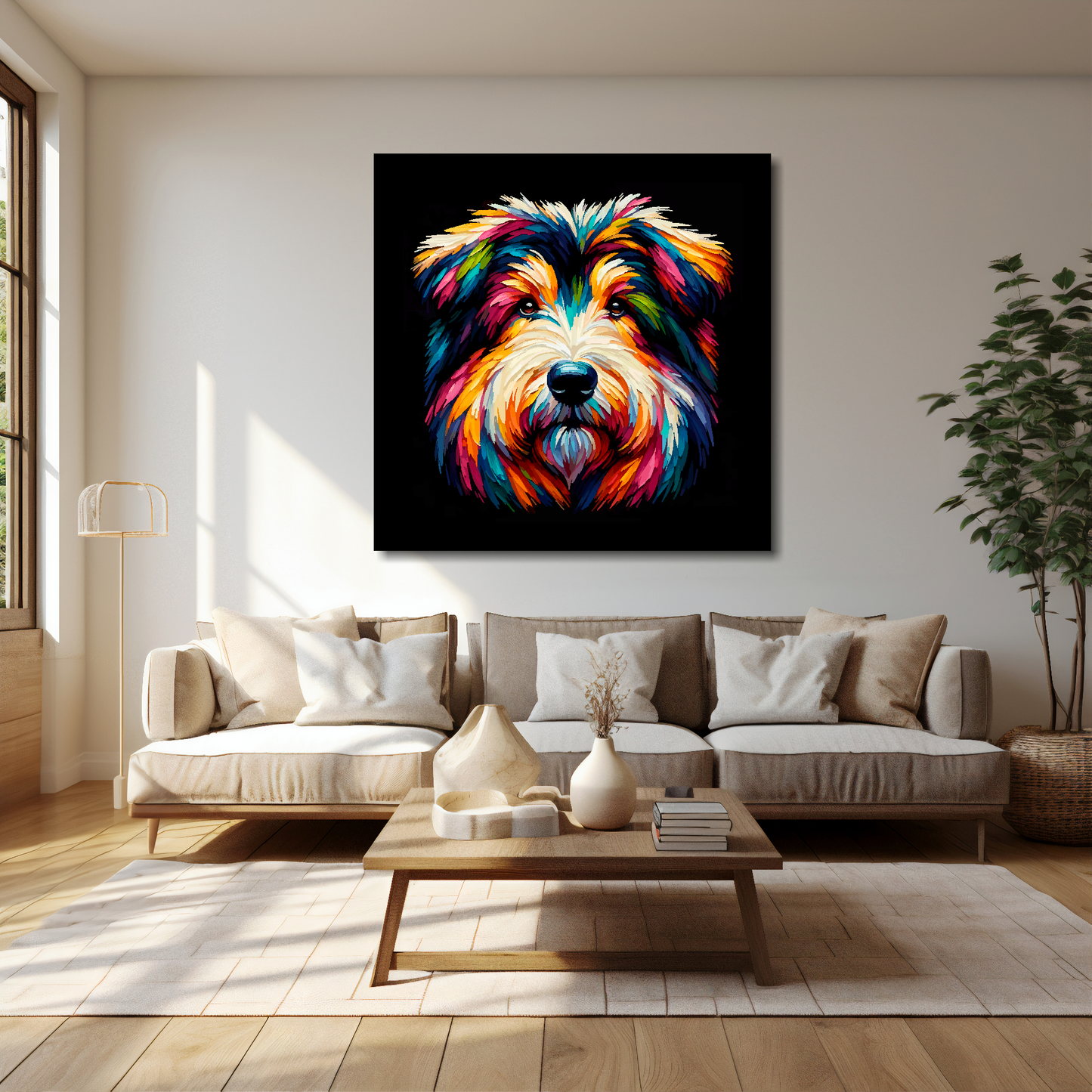 Shollie canvas 40x40 inches above cream sofa - XL vibrant dog wall art UK