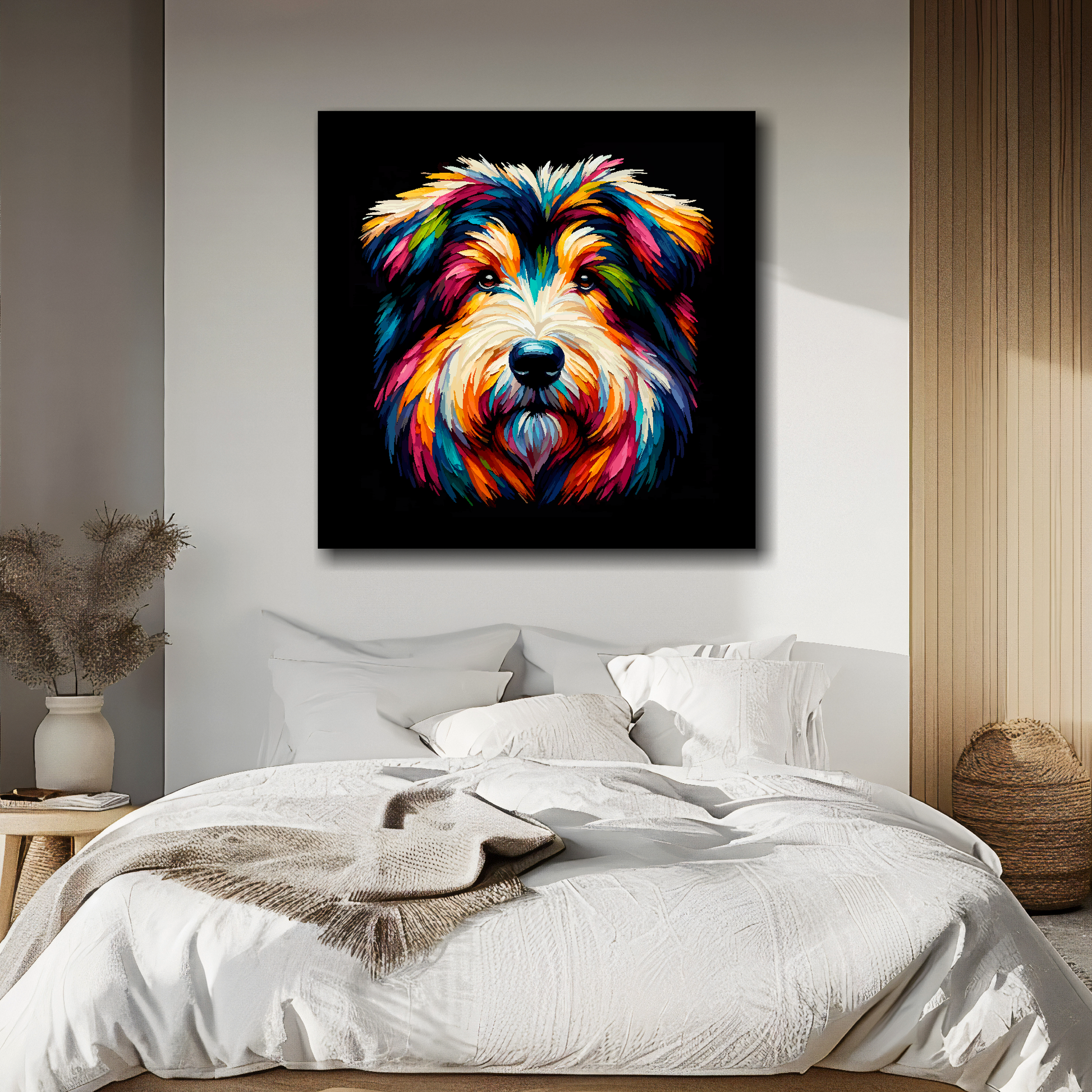 Shollie portrait canvas above bed - colourful dog wall decor for UK bedrooms