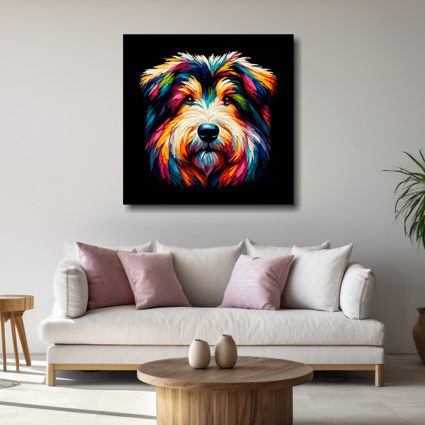 Large Shollie canvas above white sofa - vibrant abstract dog portrait wall art UK