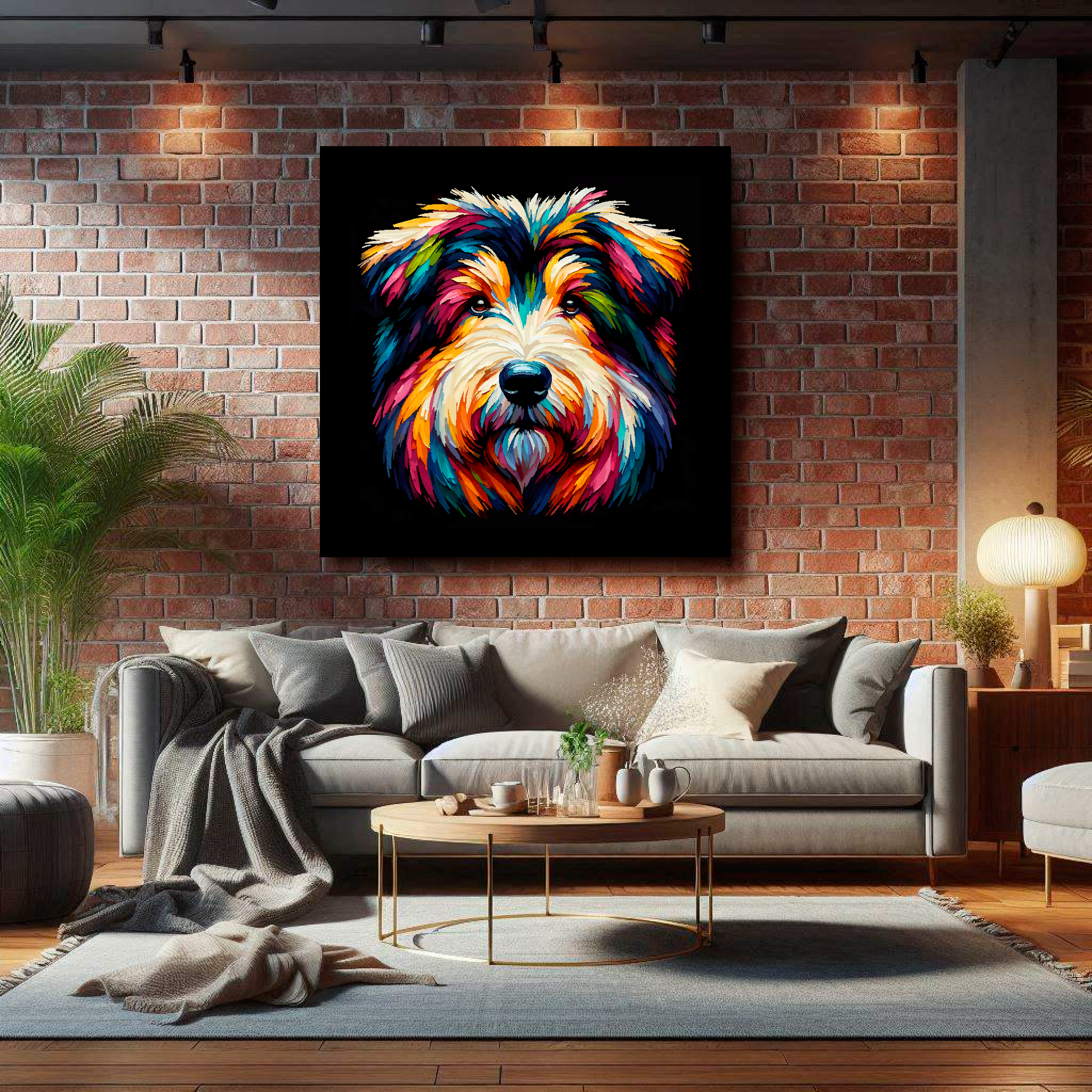 Large Shollie canvas on brick wall above grey sofa - bold dog portrait UK living room