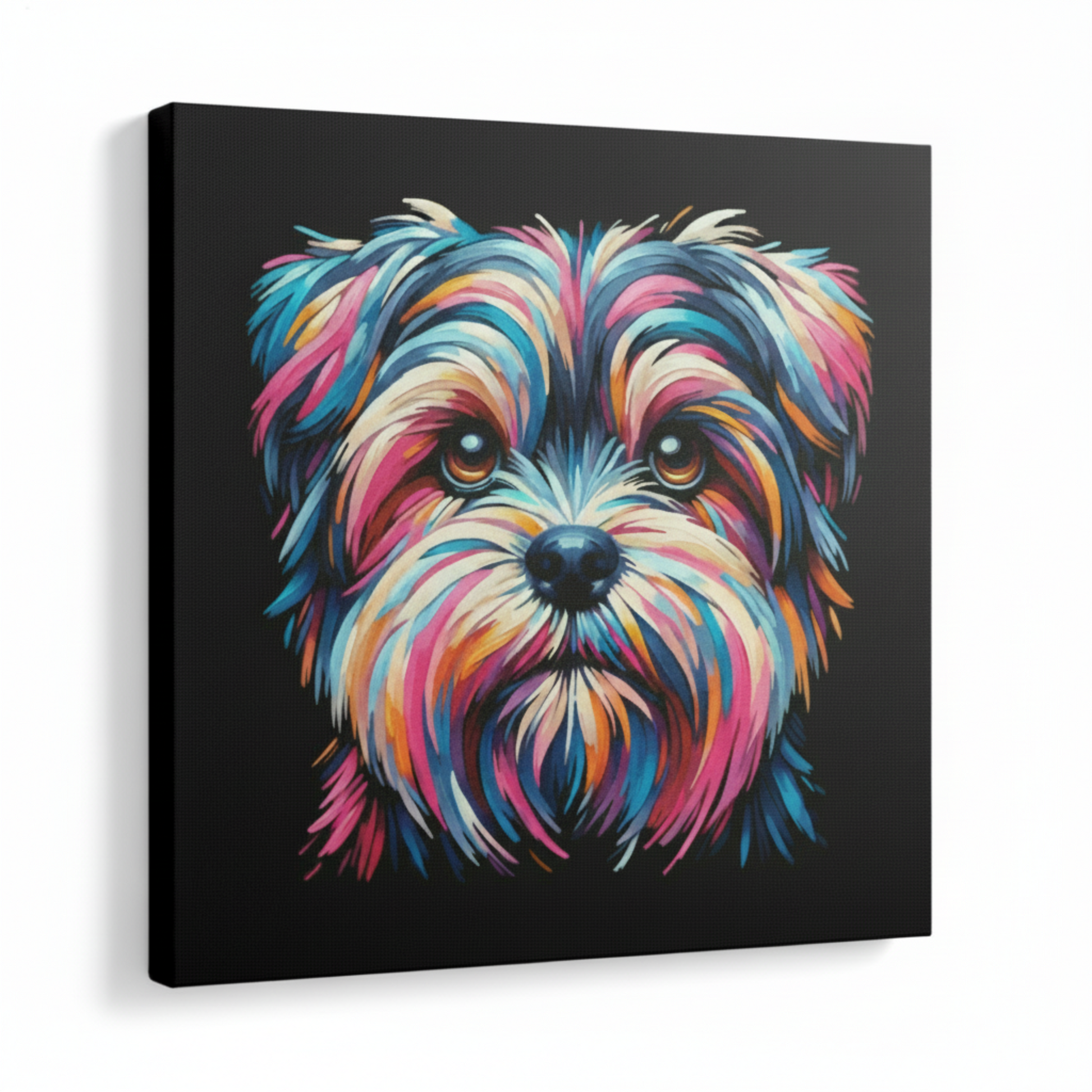 Colourful Shorkie dog portrait canvas print - UK made abstract pet wall art black background