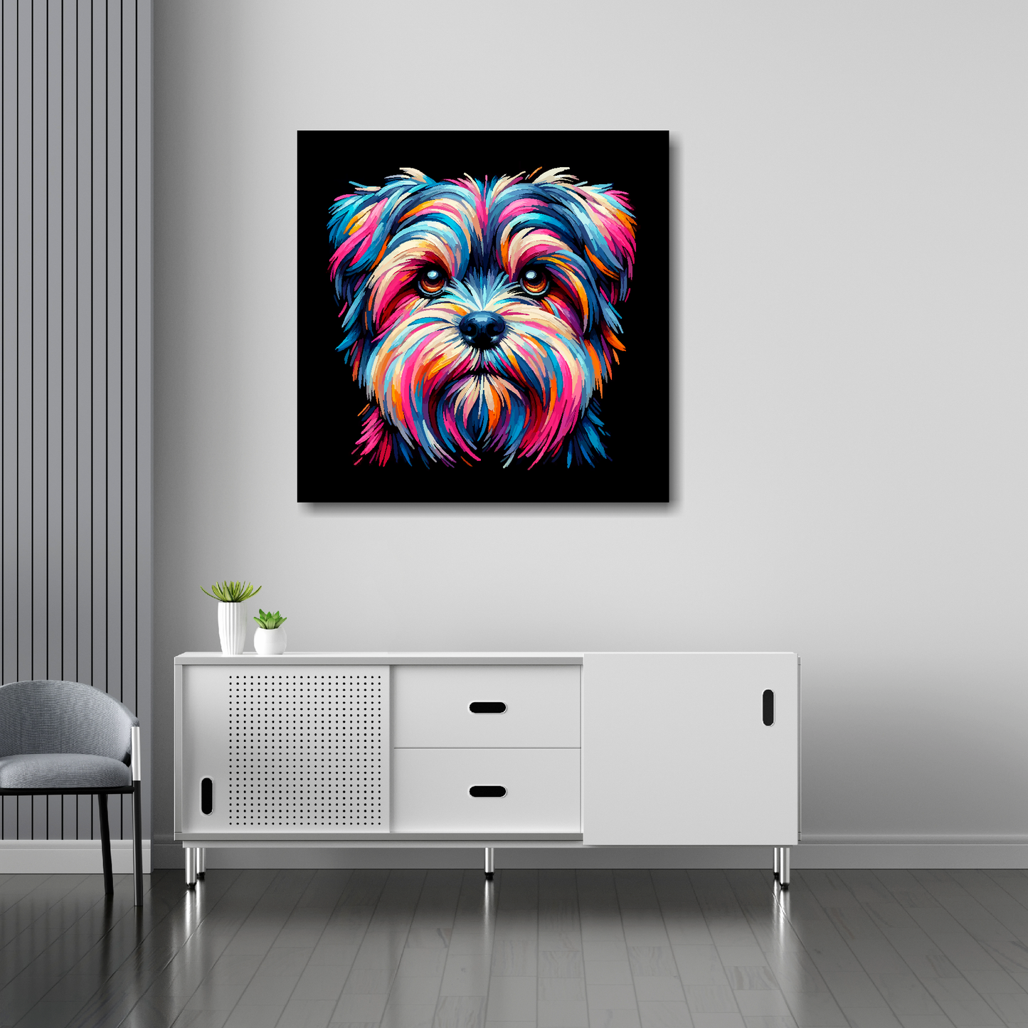 Shorkie canvas 30x30 inches above sideboard - large colourful dog portrait UK made