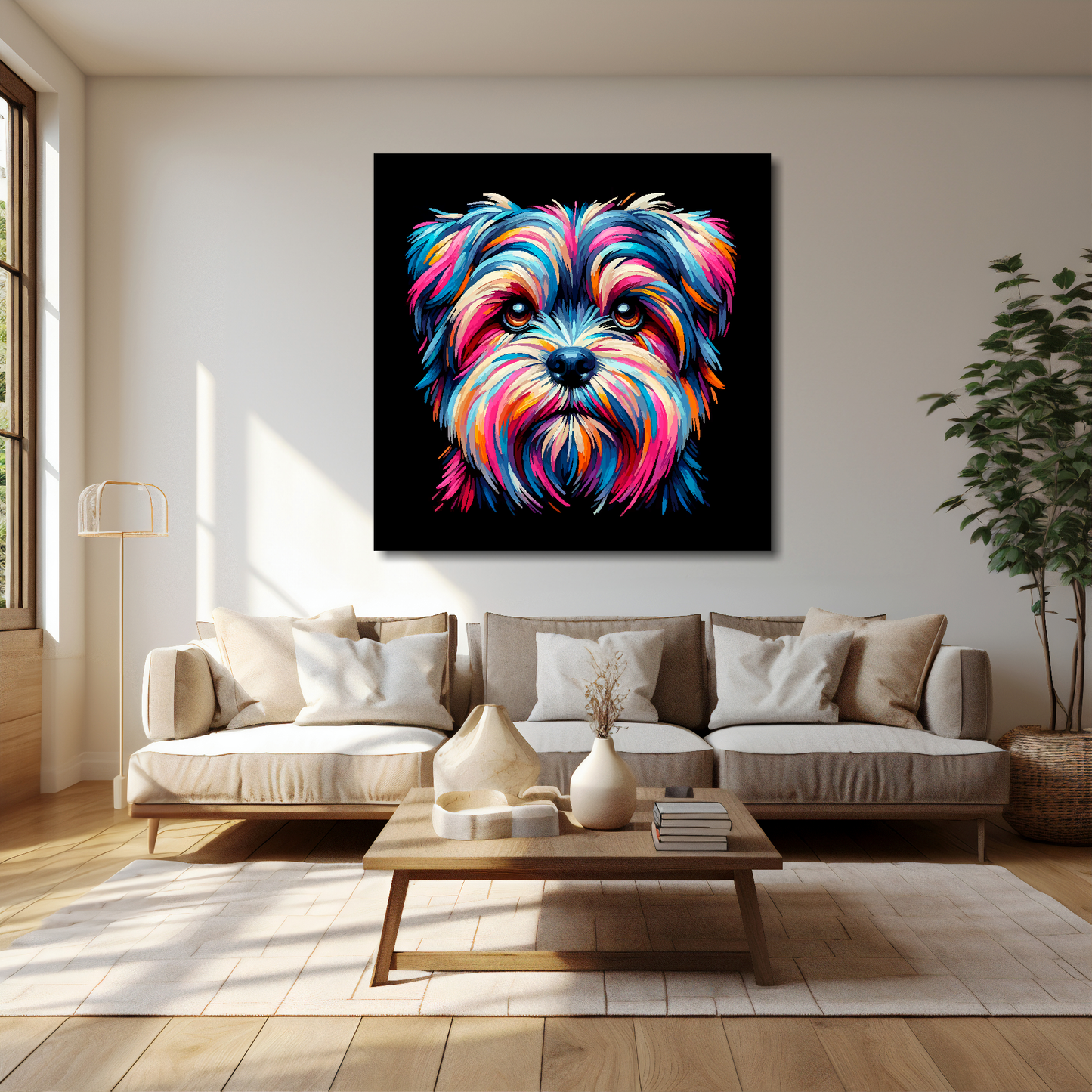 Shorkie canvas 40x40 inches above cream sofa - XL vibrant dog wall art UK