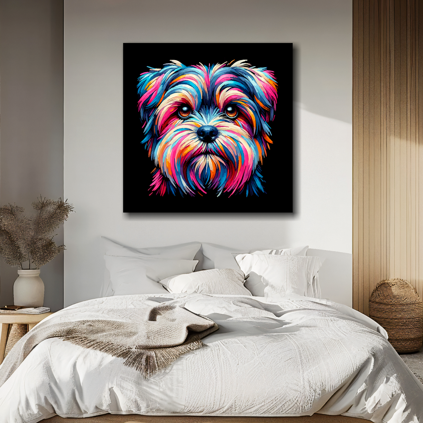 Shorkie portrait canvas above bed - colourful dog wall decor for UK bedrooms