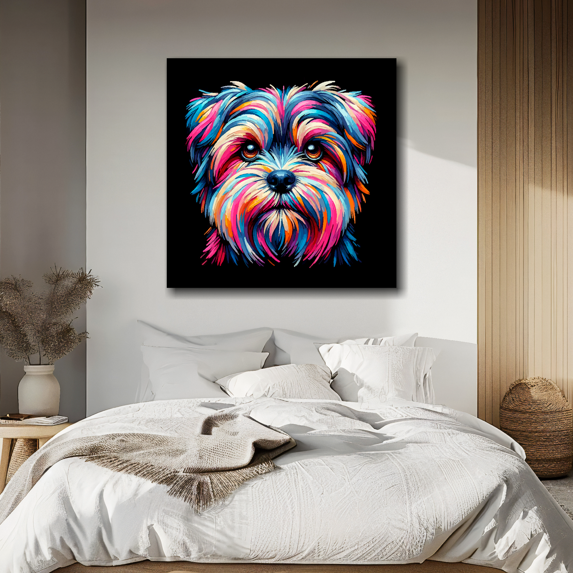 Shorkie portrait canvas above bed - colourful dog wall decor for UK bedrooms