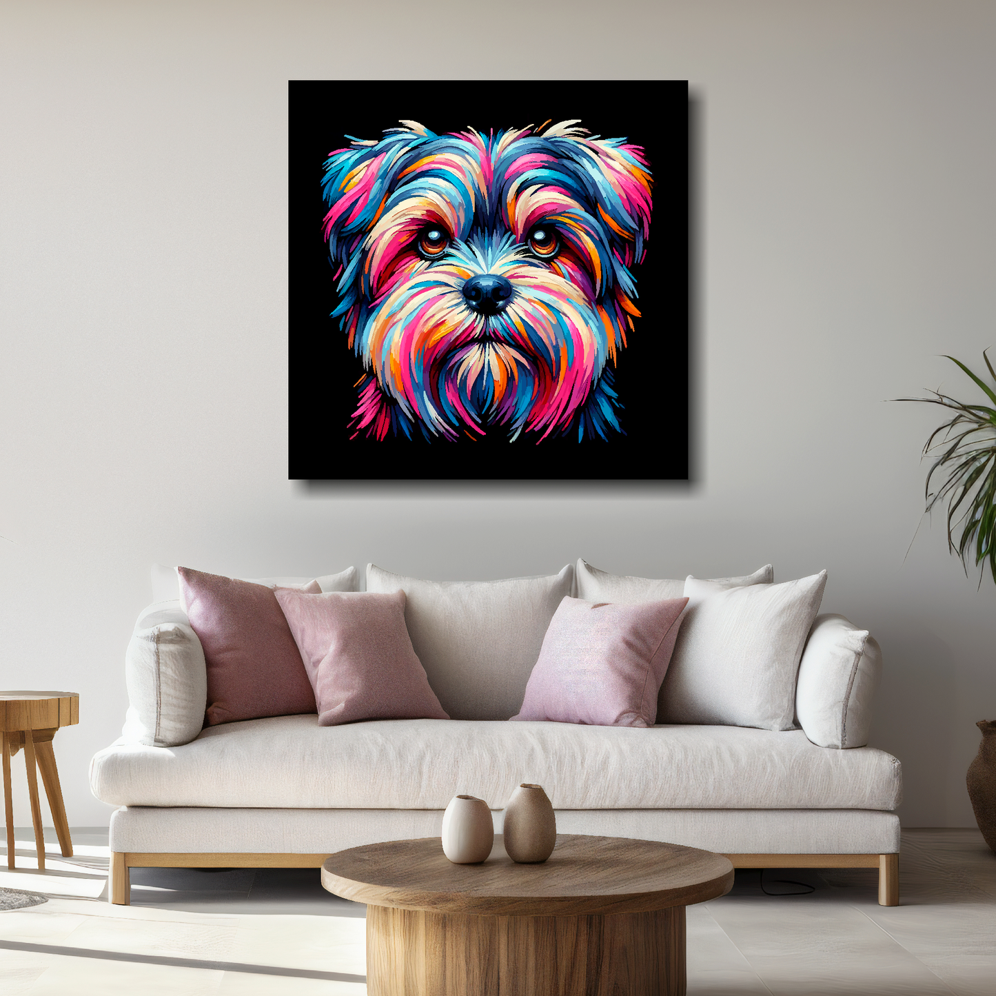 Large Shorkie canvas above white sofa - vibrant abstract dog portrait wall art UK