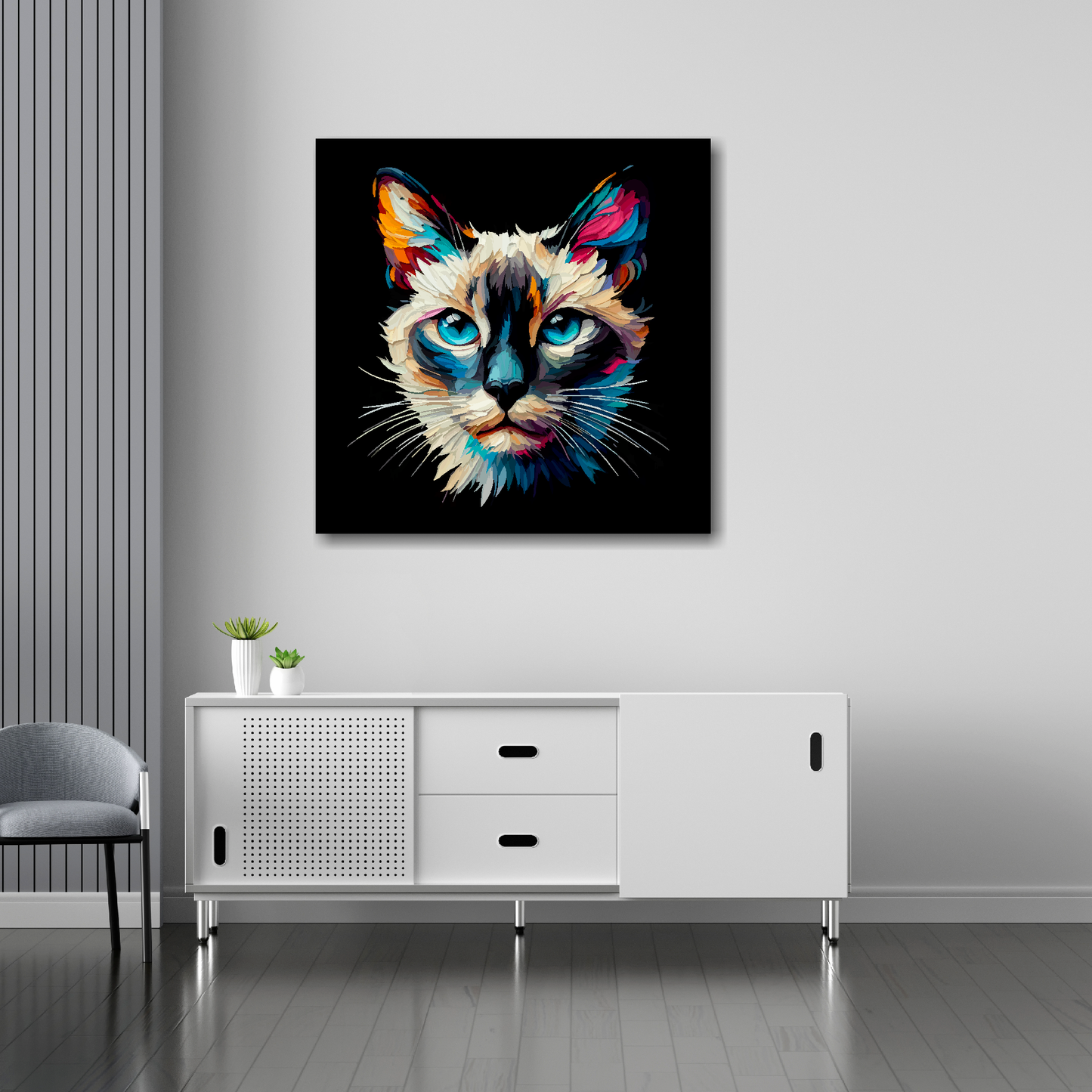 Siamese cat canvas 30x30 inches above sideboard - large colourful cat portrait UK made