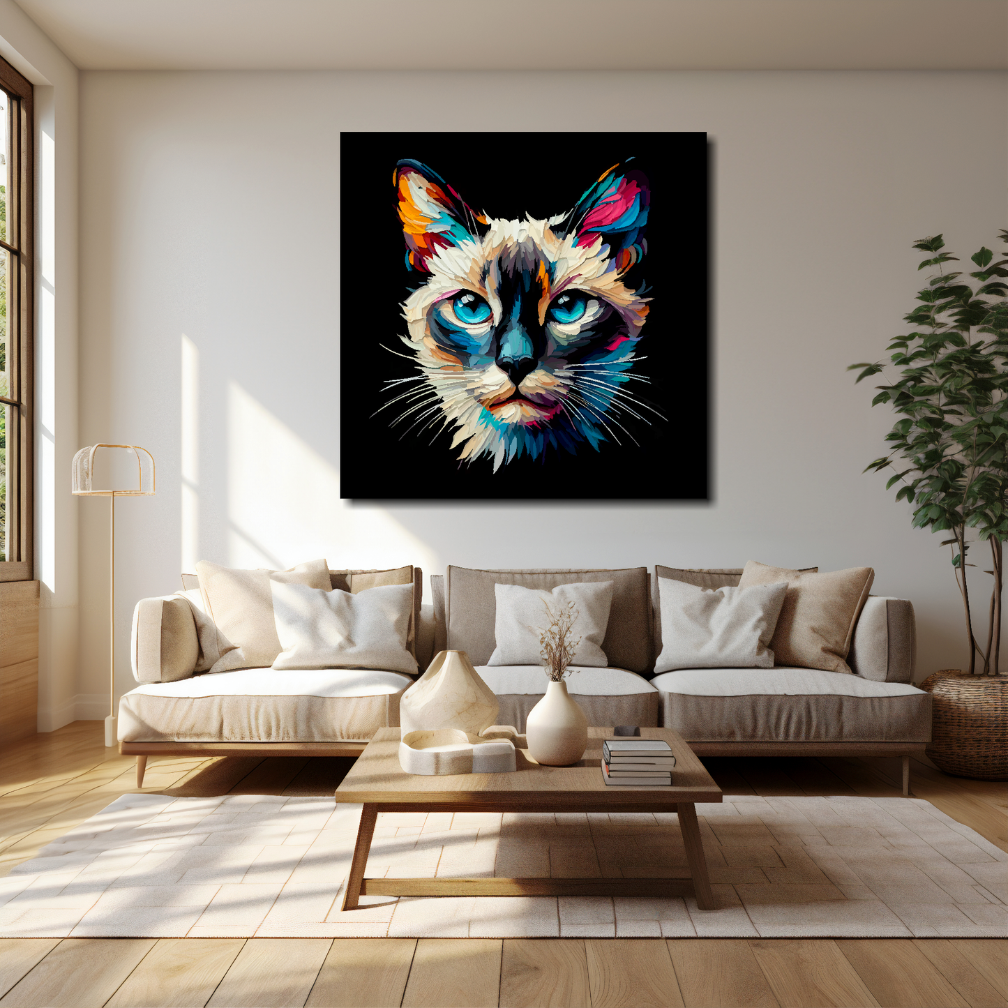 Siamese cat canvas 40x40 inches above cream sofa - XL vibrant cat wall art UK