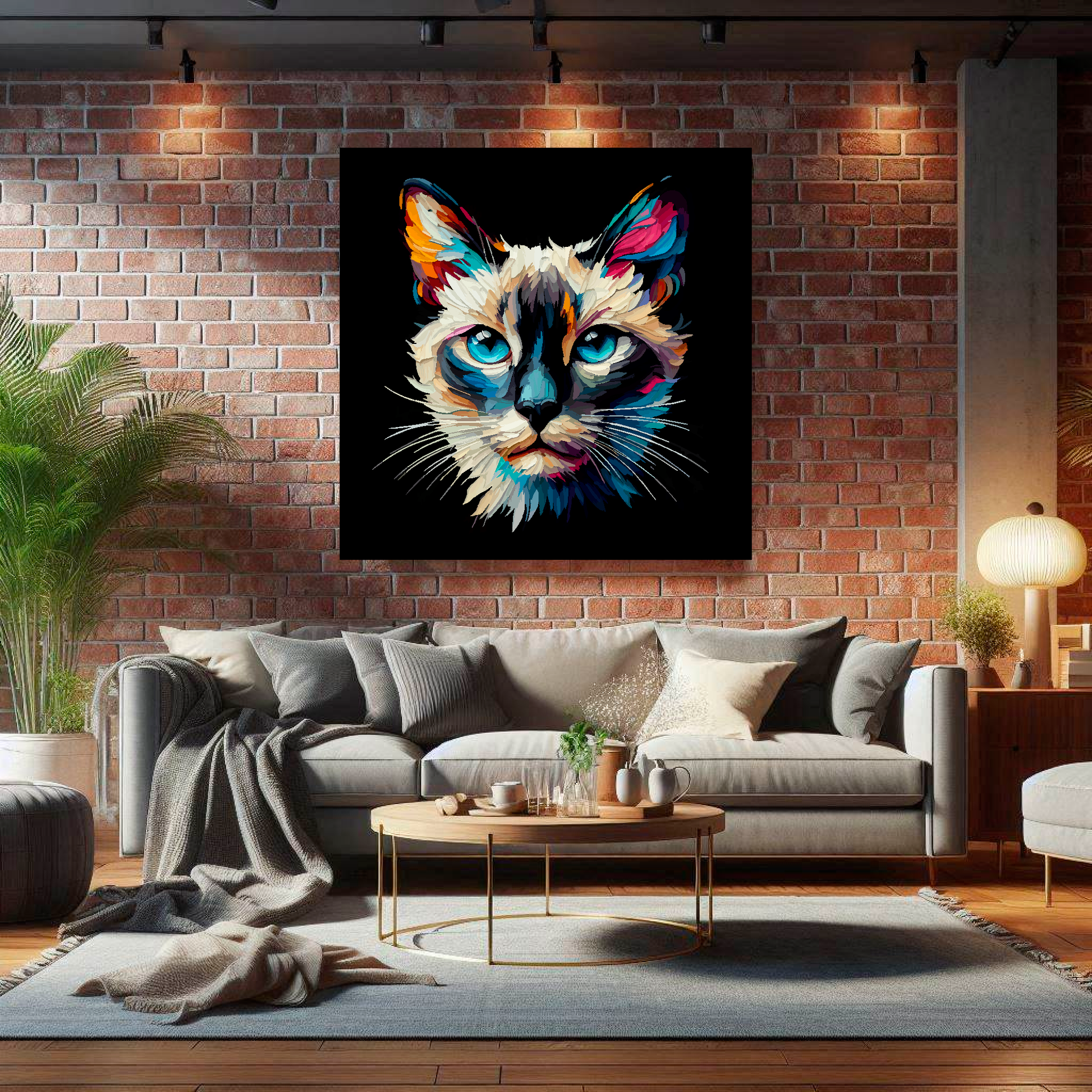 Large Siamese cat canvas on brick wall above grey sofa - bold cat portrait UK living room