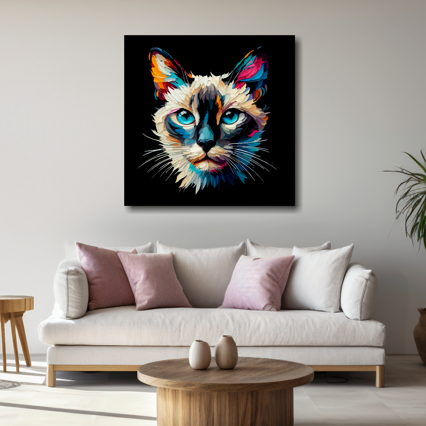 Large Siamese cat canvas above white sofa - vibrant abstract cat portrait wall art UK