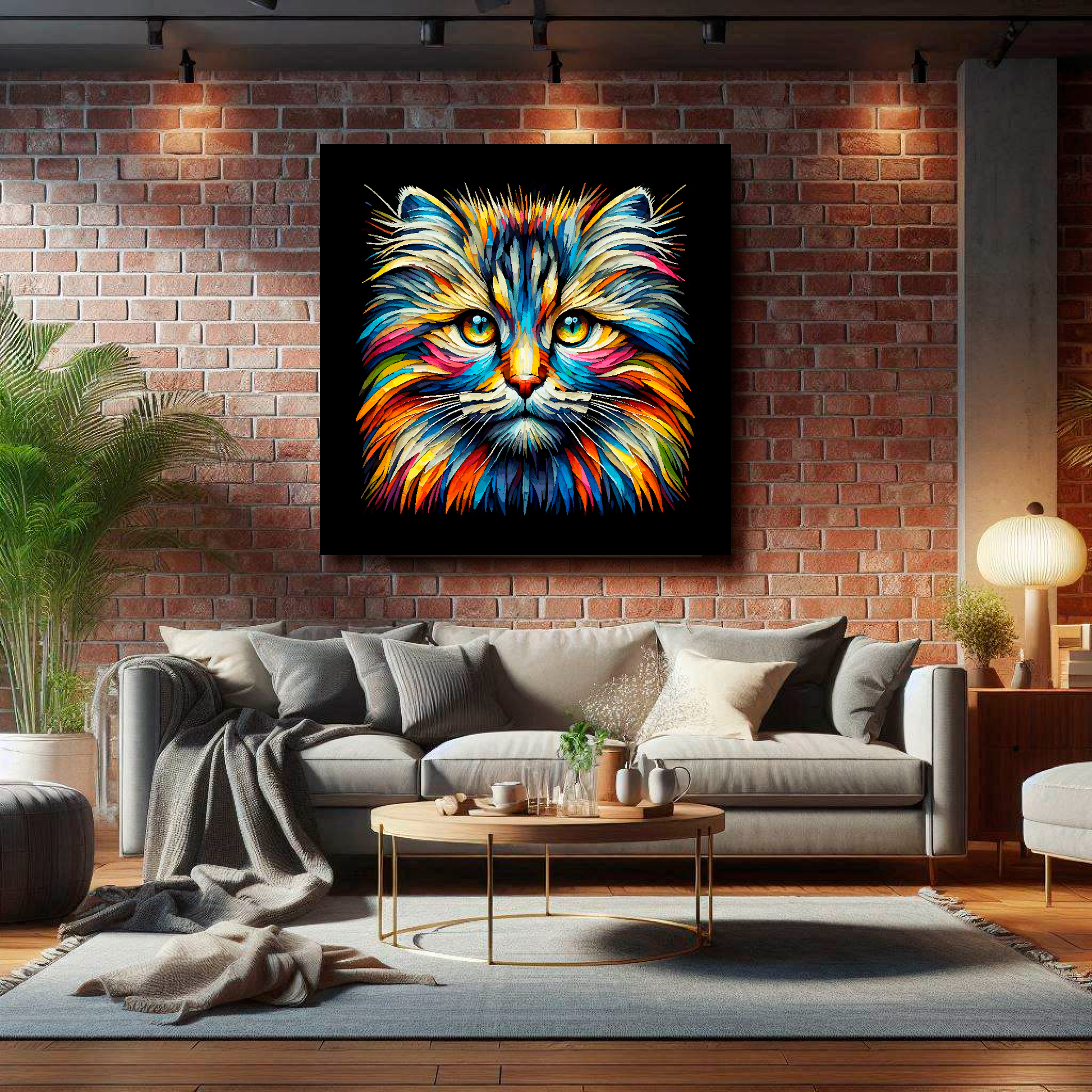 Large Siberian Forest cat canvas on brick wall above grey sofa - bold cat portrait UK living room