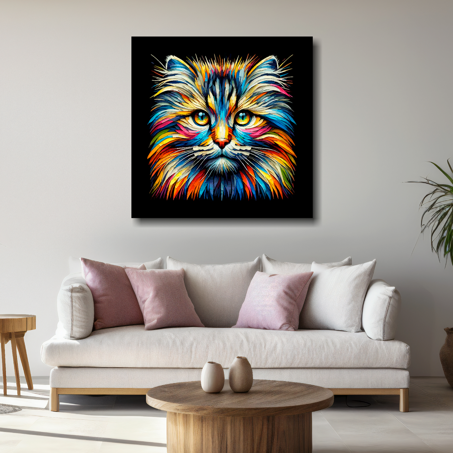 Large Siberian Forest cat canvas above white sofa - vibrant abstract cat portrait wall art UK