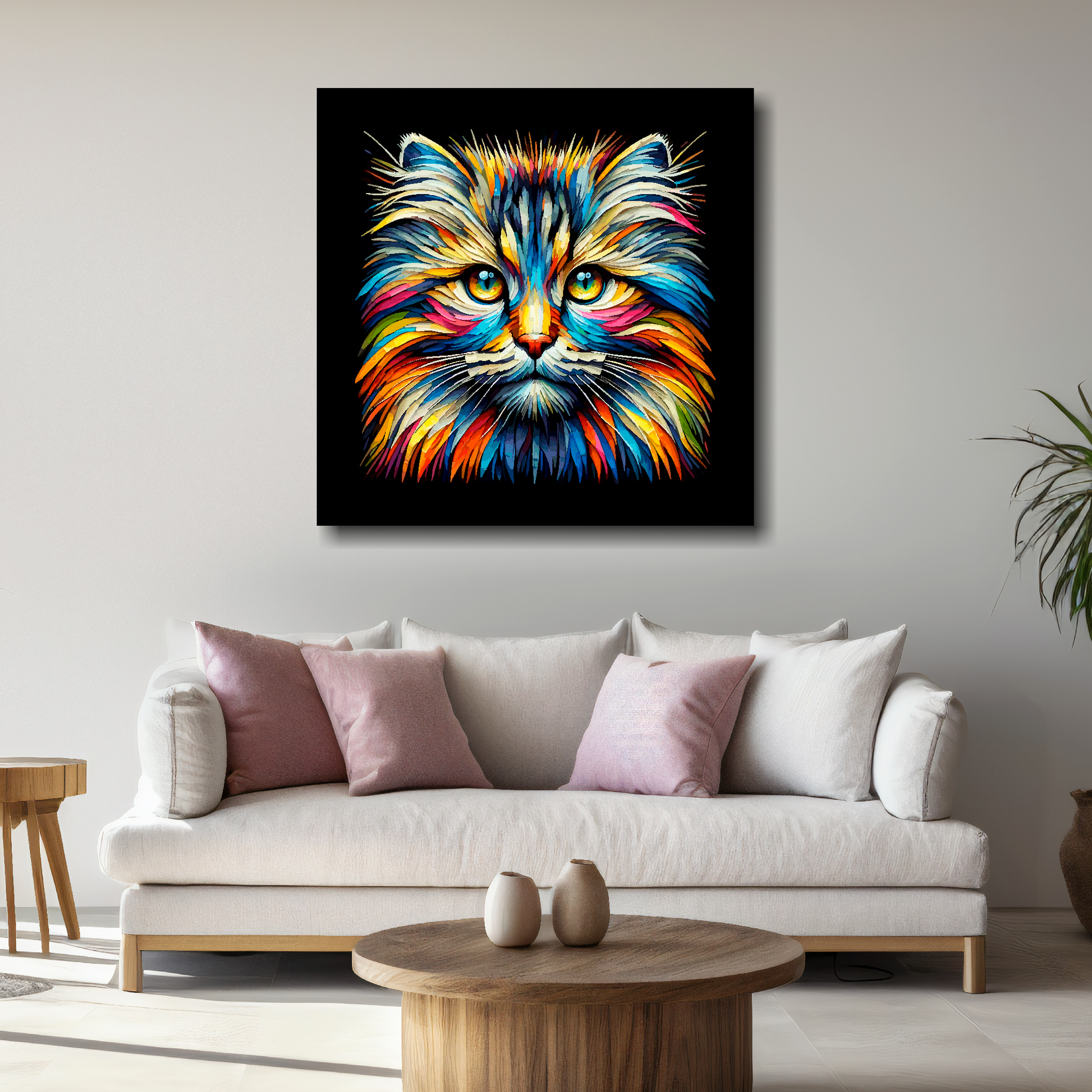 Large Siberian Forest cat canvas above white sofa - vibrant abstract cat portrait wall art UK