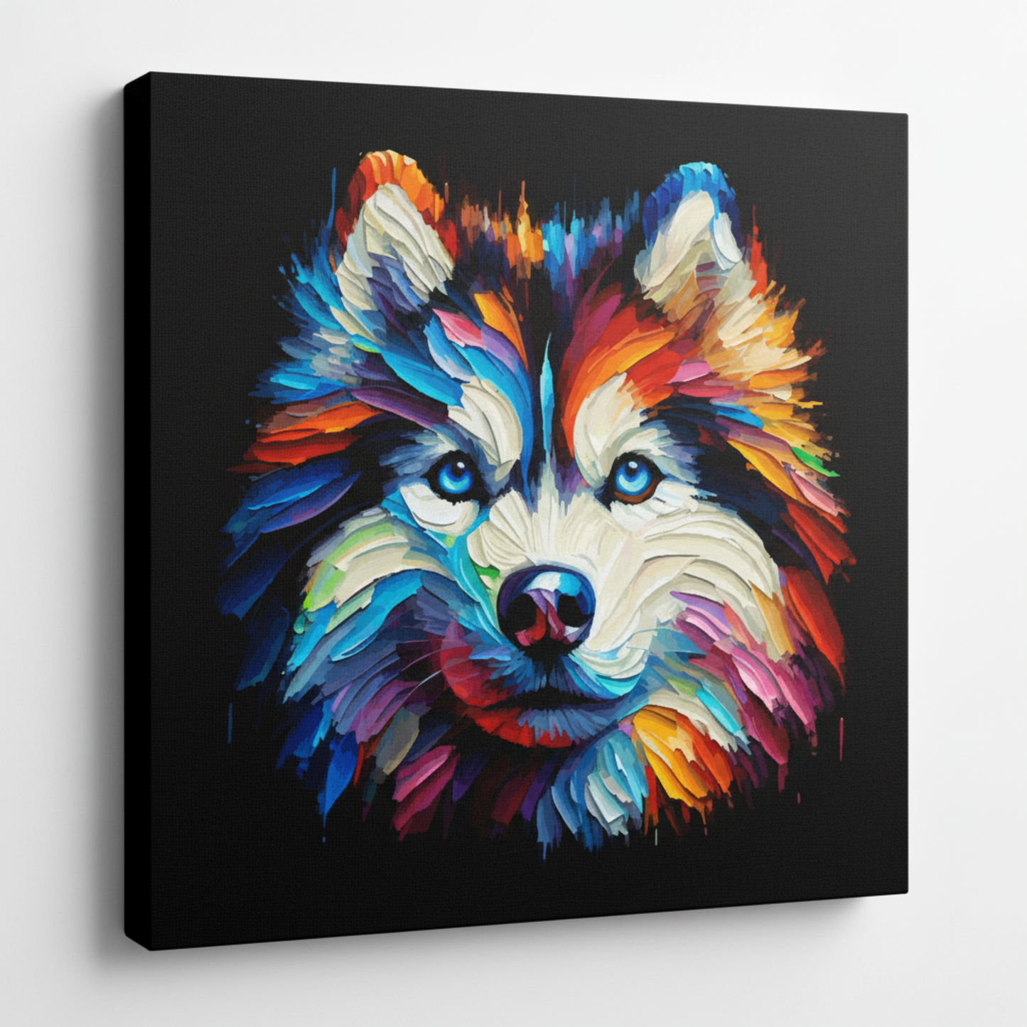 Colourful Siberian Husky dog portrait canvas print - UK made abstract pet wall art black background