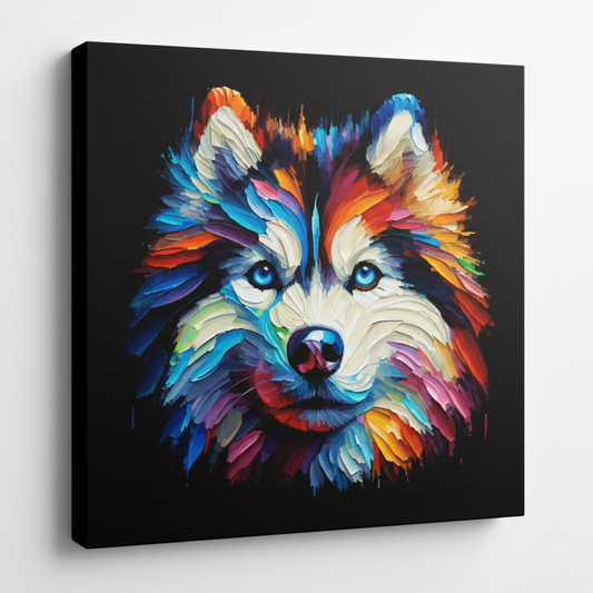 Colourful Siberian Husky dog portrait canvas print - UK made abstract pet wall art black background