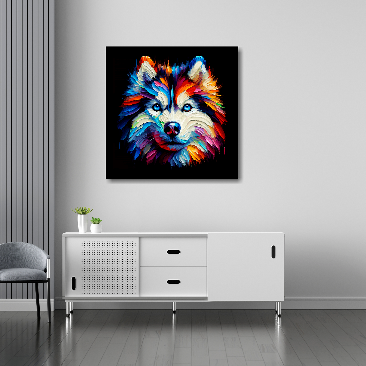 Siberian Husky canvas 30x30 inches above sideboard - large colourful dog portrait UK made
