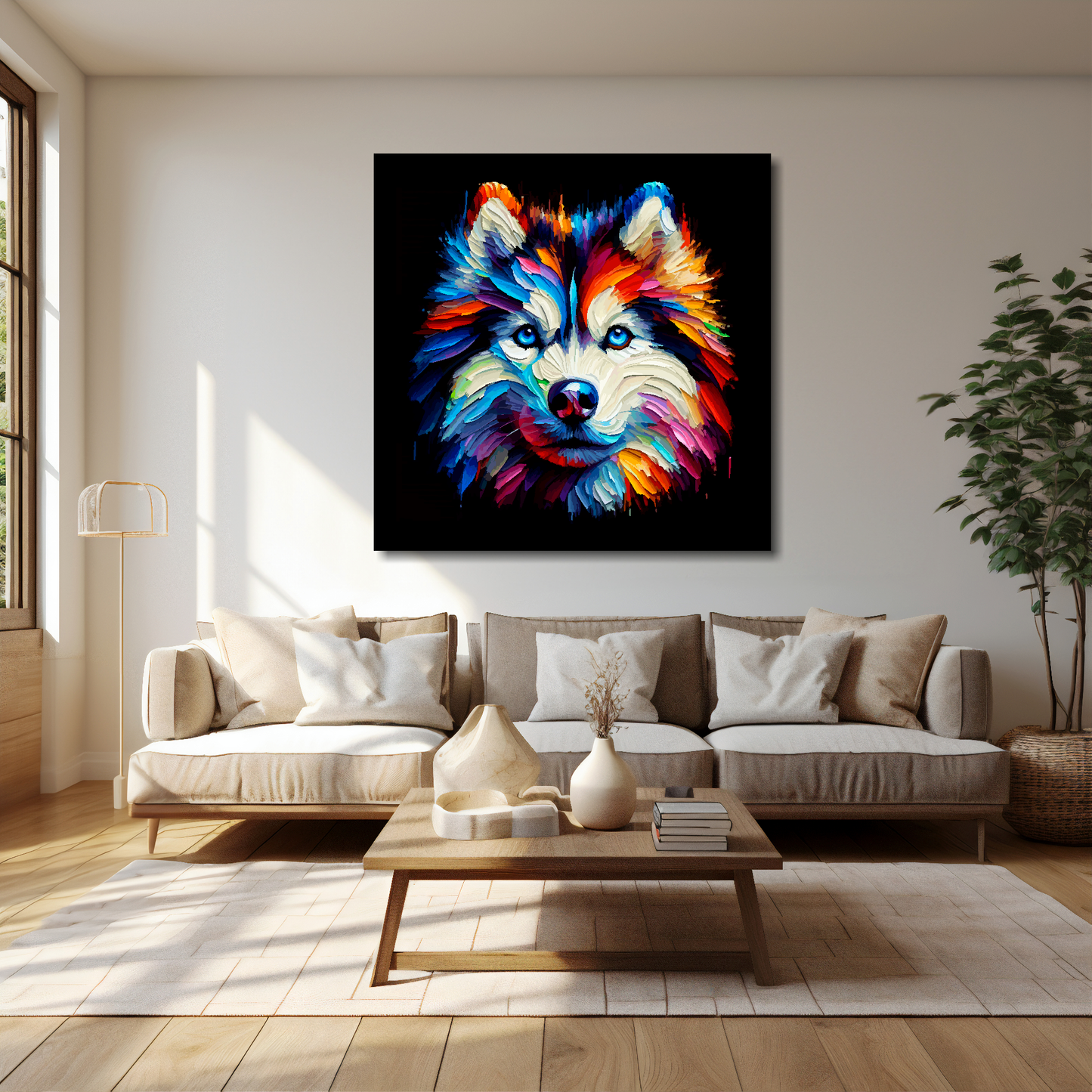 Siberian Husky canvas 40x40 inches above cream sofa - XL vibrant dog wall art UK