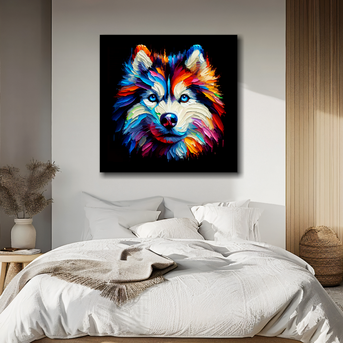 Siberian Husky portrait canvas above bed - colourful dog wall decor for UK bedrooms