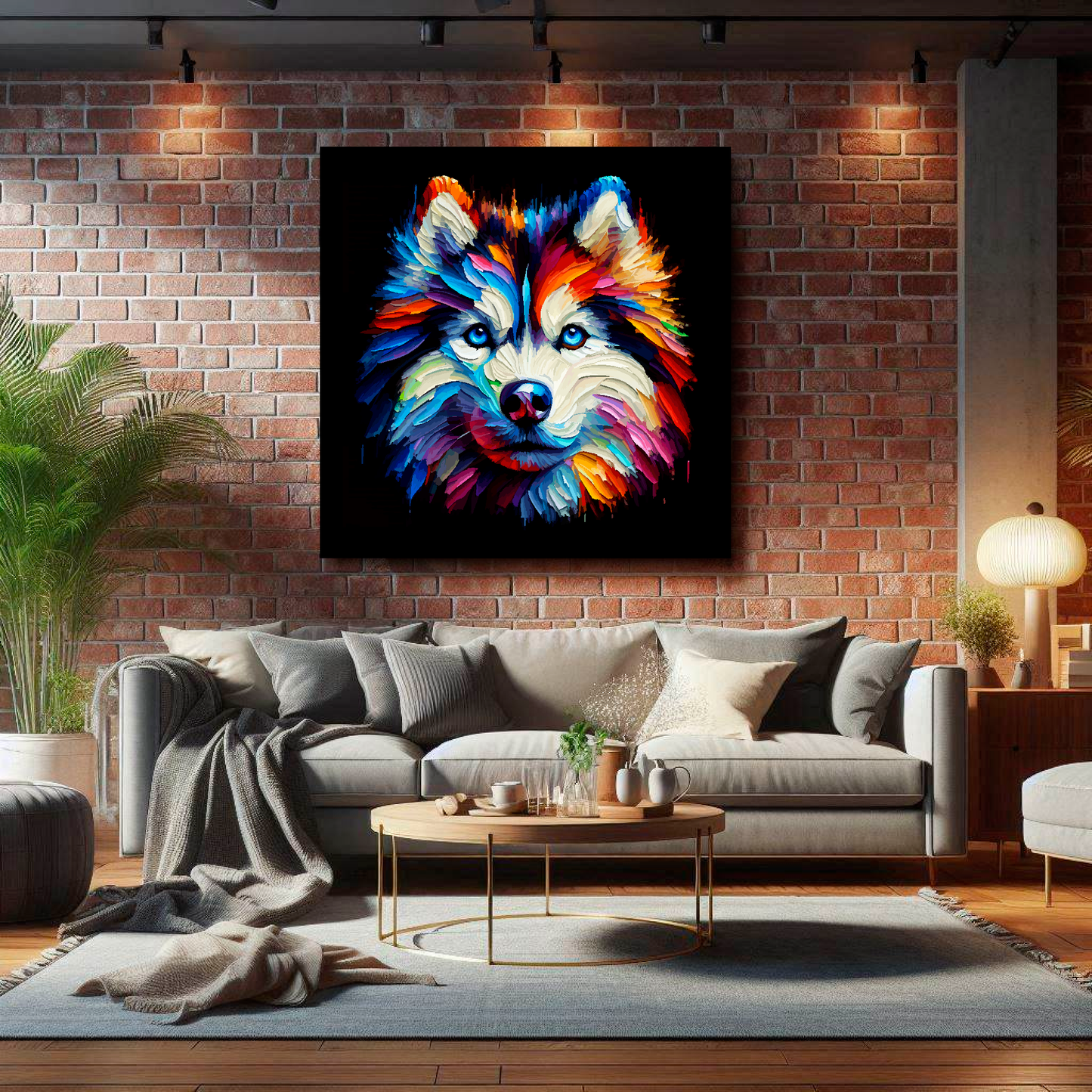 Large Siberian Husky canvas on brick wall above grey sofa - bold dog portrait UK living room