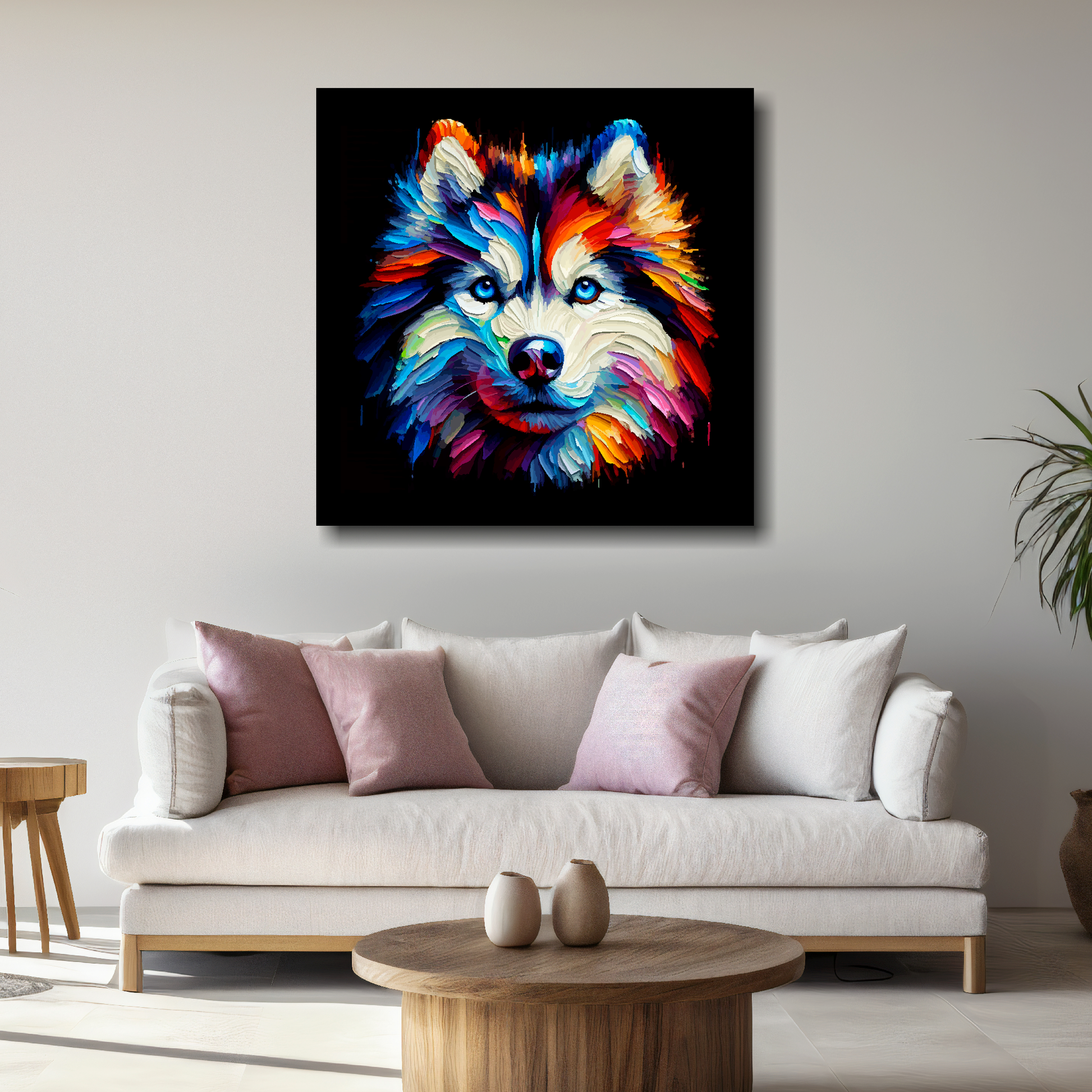 Large Siberian Husky canvas above white sofa - vibrant abstract dog portrait wall art UK