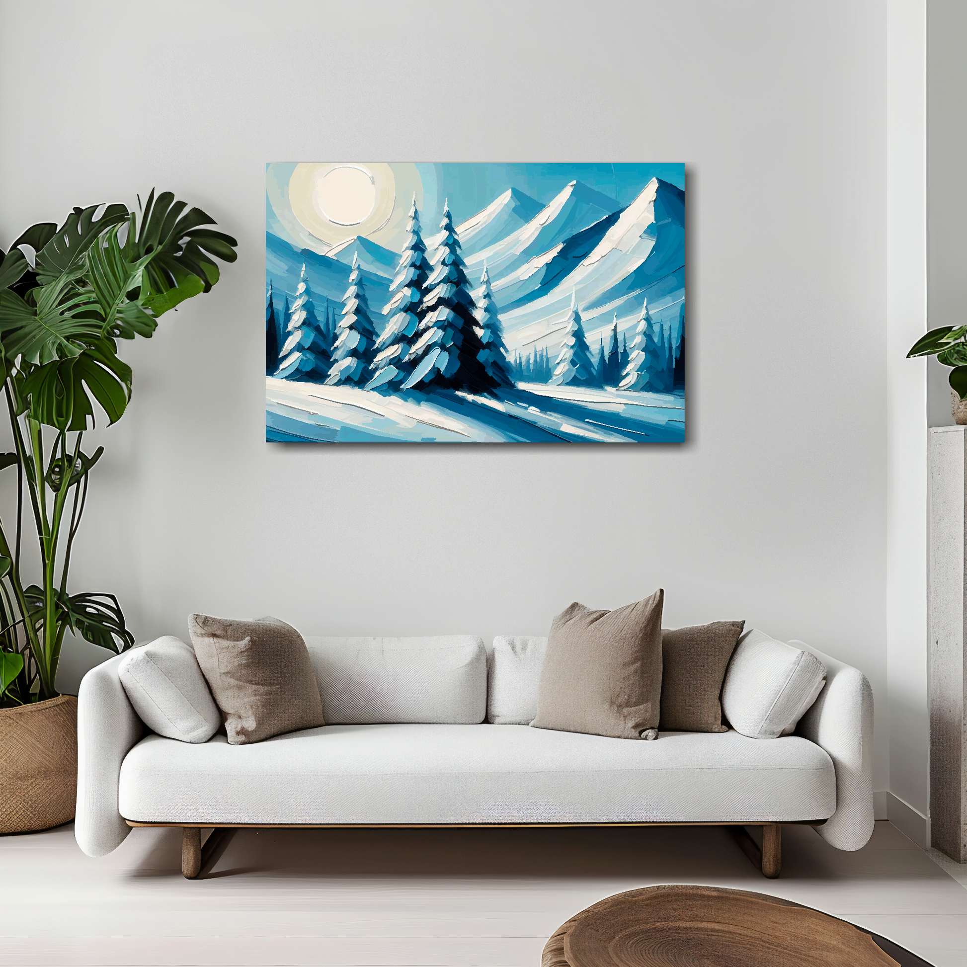 Silent peaks canvas 30x20 inches above white sofa - vibrant mountain wall art UK
