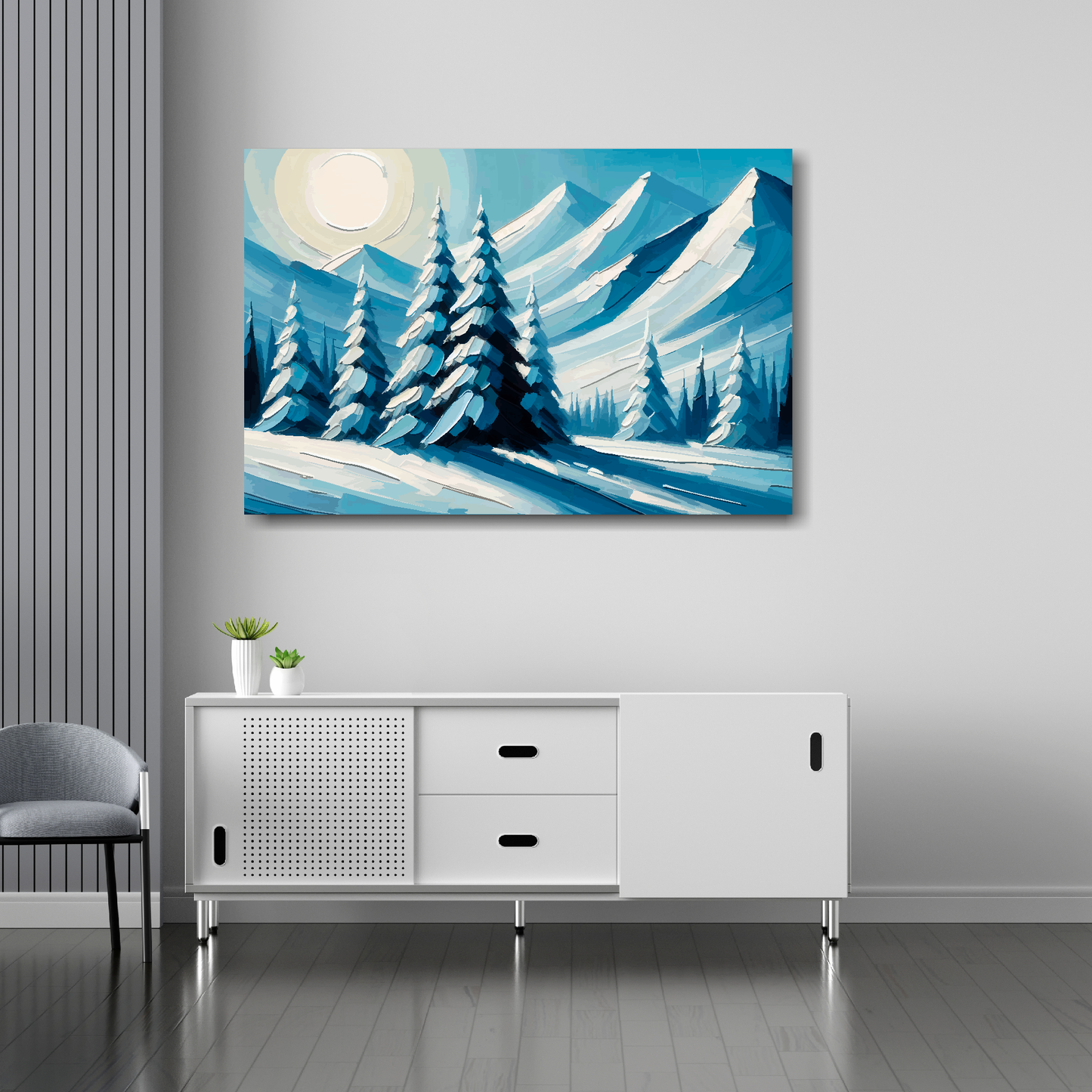 Silent peaks canvas 36x24 inches above sideboard - large colourful mountain art UK made