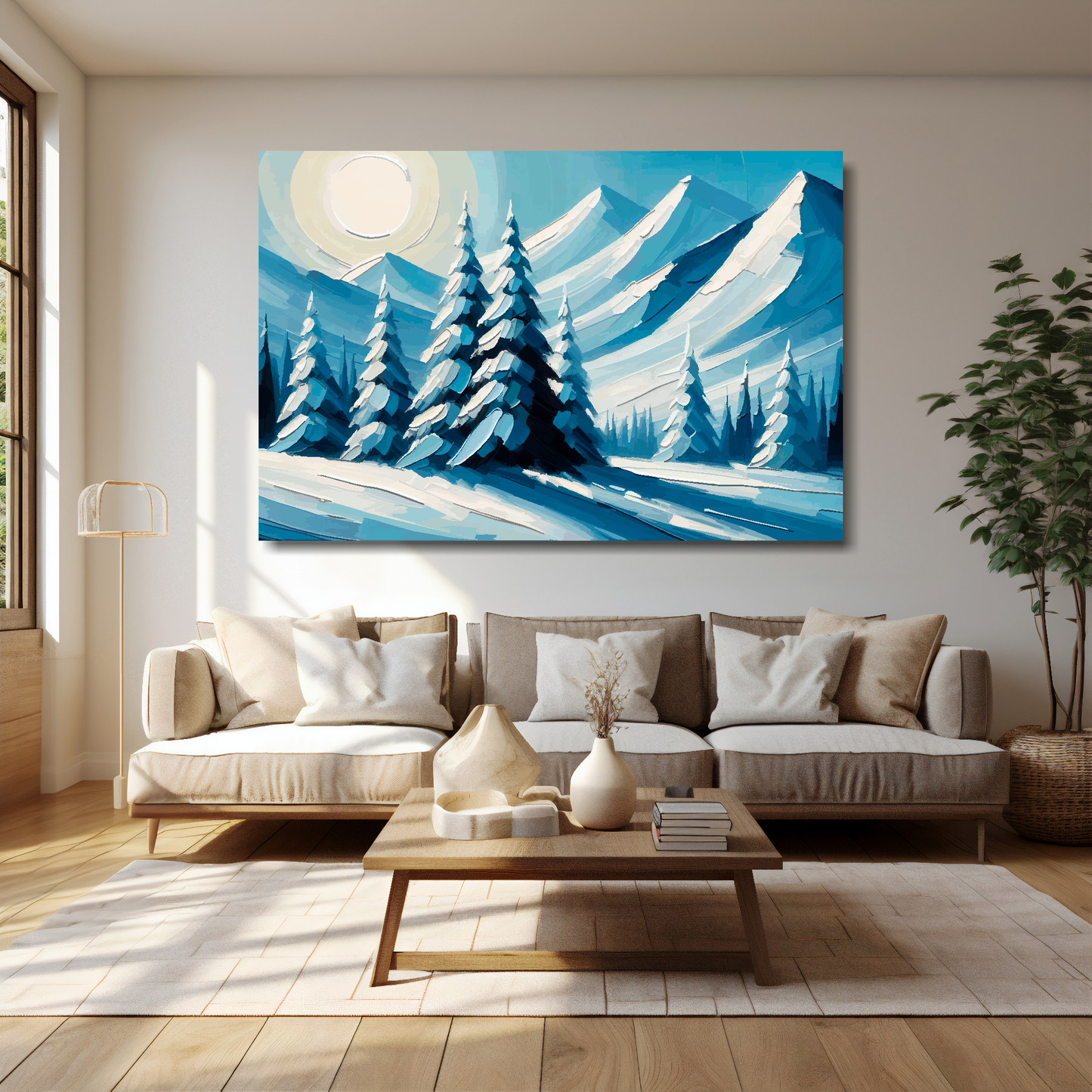 Silent peaks canvas 60x40 inches above cream sofa - XL vibrant mountain wall art UK