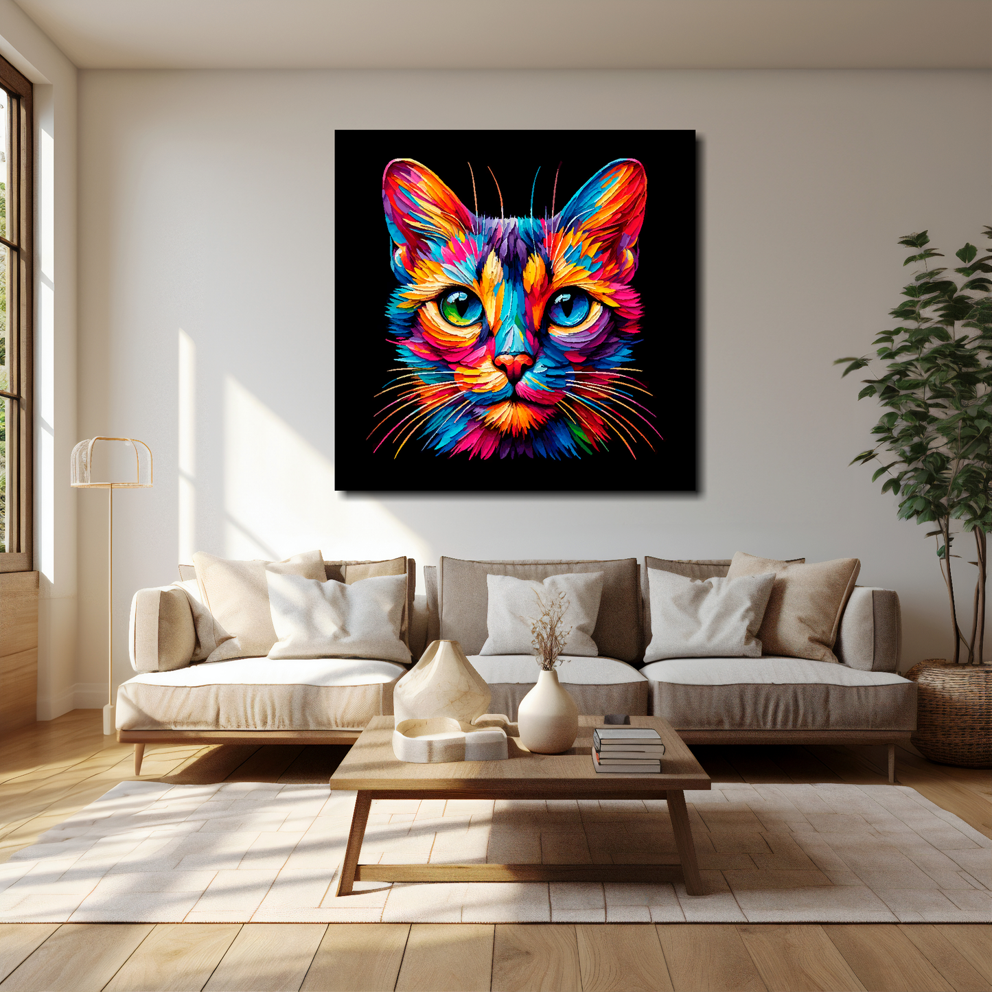 Singapura cat canvas 40x40 inches above cream sofa - XL vibrant cat wall art UK