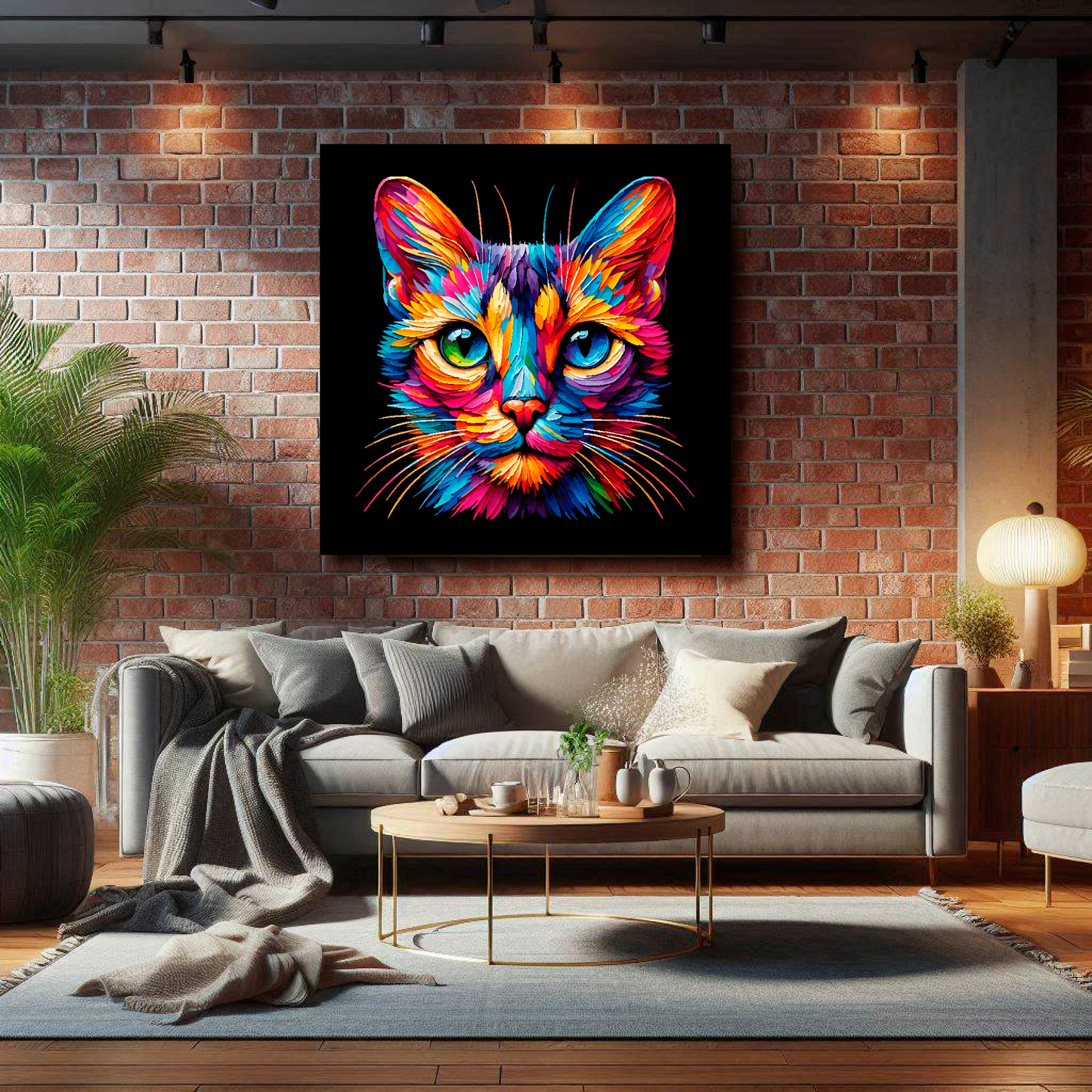 Large Singapura cat canvas on brick wall above grey sofa - bold cat portrait UK living room