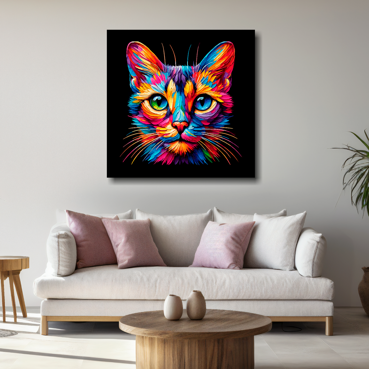 Large Singapura cat canvas above white sofa - vibrant abstract cat portrait wall art UK