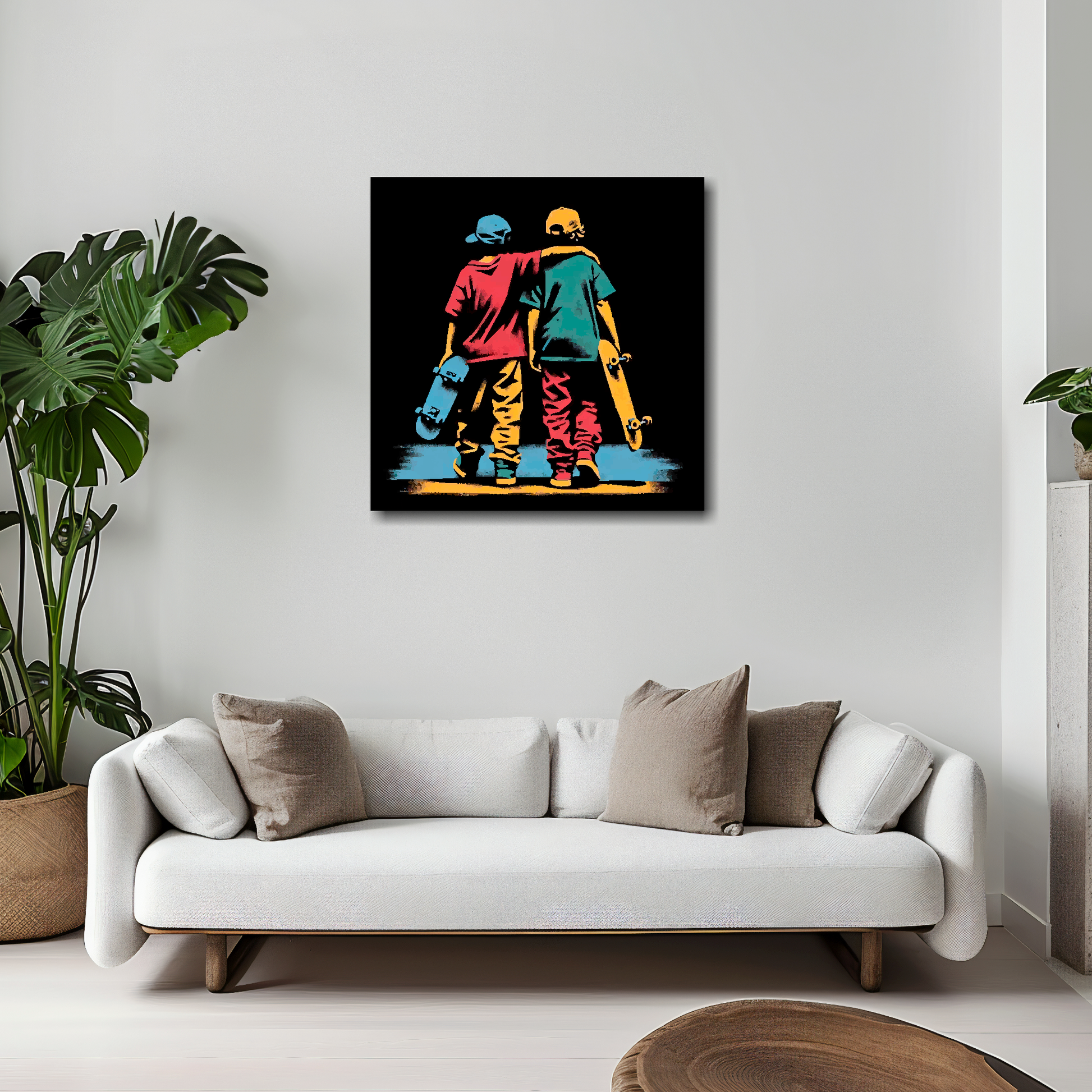 Skate mates canvas 20x20 inches above white sofa - vibrant skateboarding wall art UK