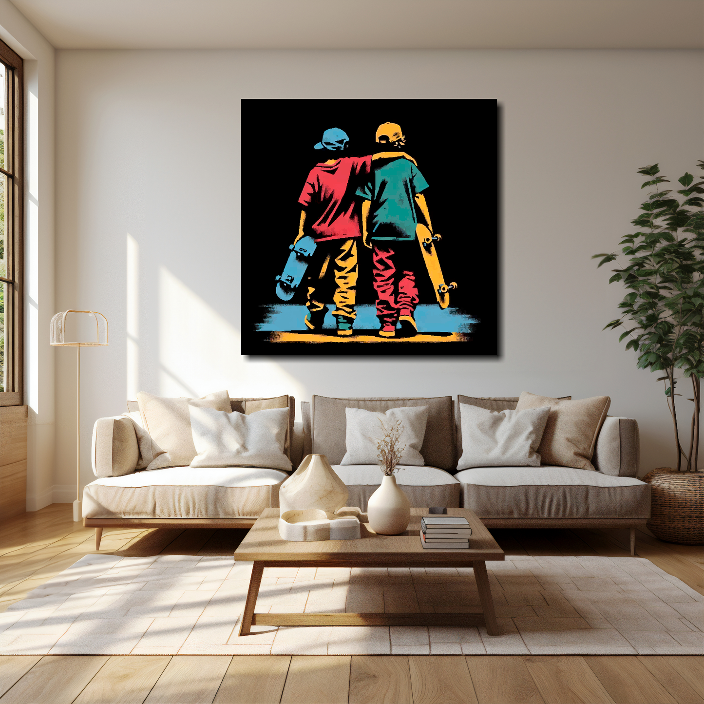 Skate mates canvas 40x40 inches above cream sofa - XL vibrant skateboarding wall art UK