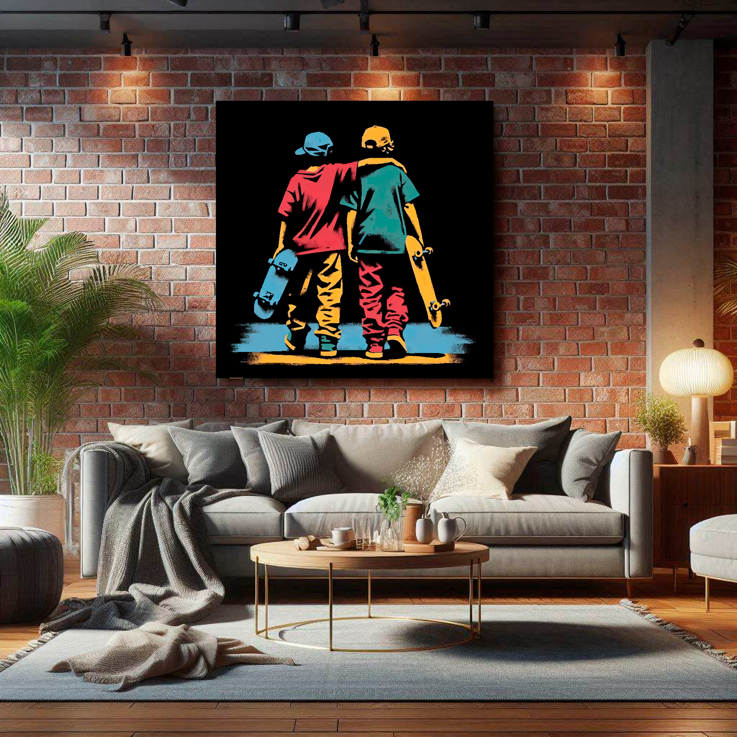 Large skate mates canvas on brick wall above grey sofa - bold skateboarding art UK living room