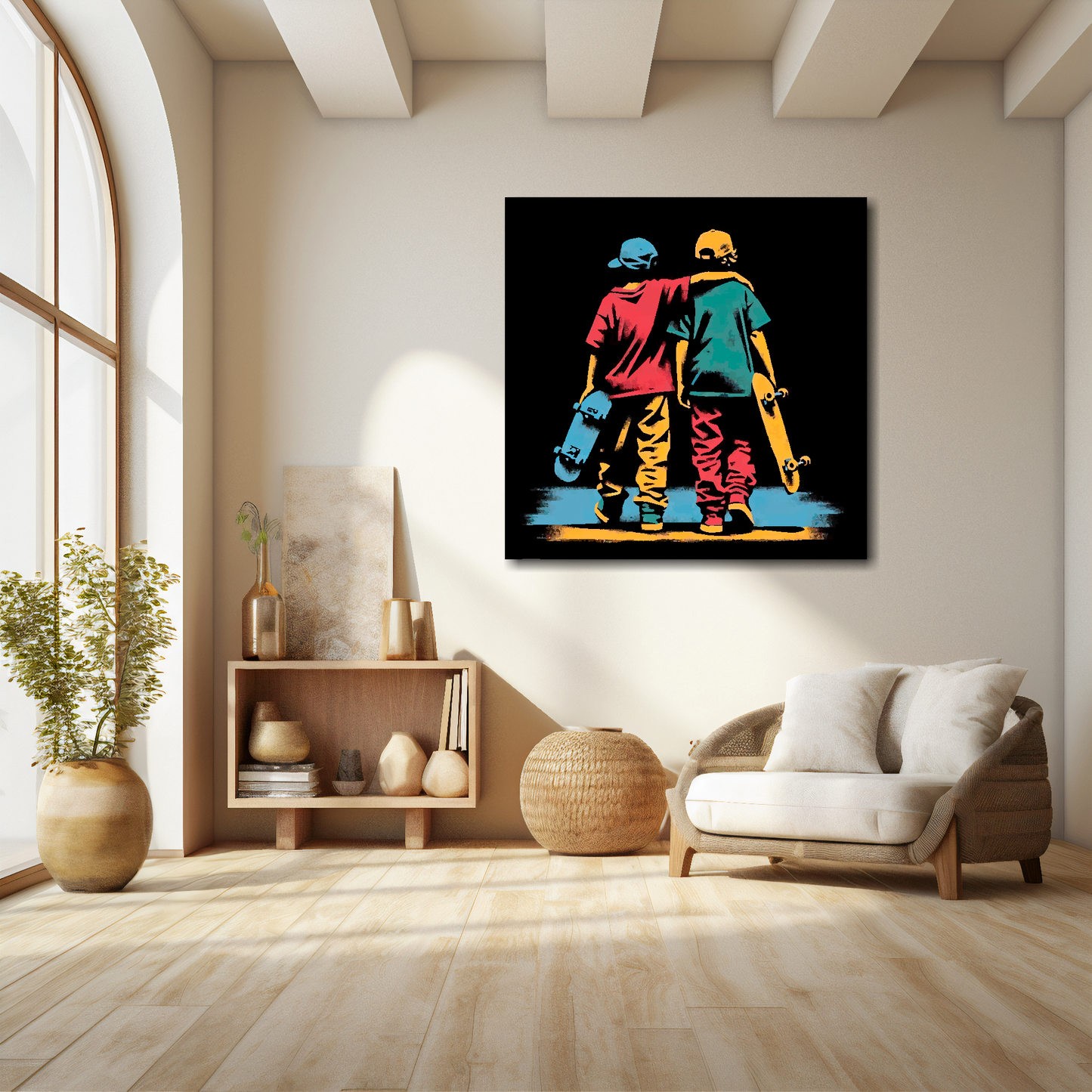 Large skate mates canvas above white sofa - vibrant abstract skateboarding wall art UK