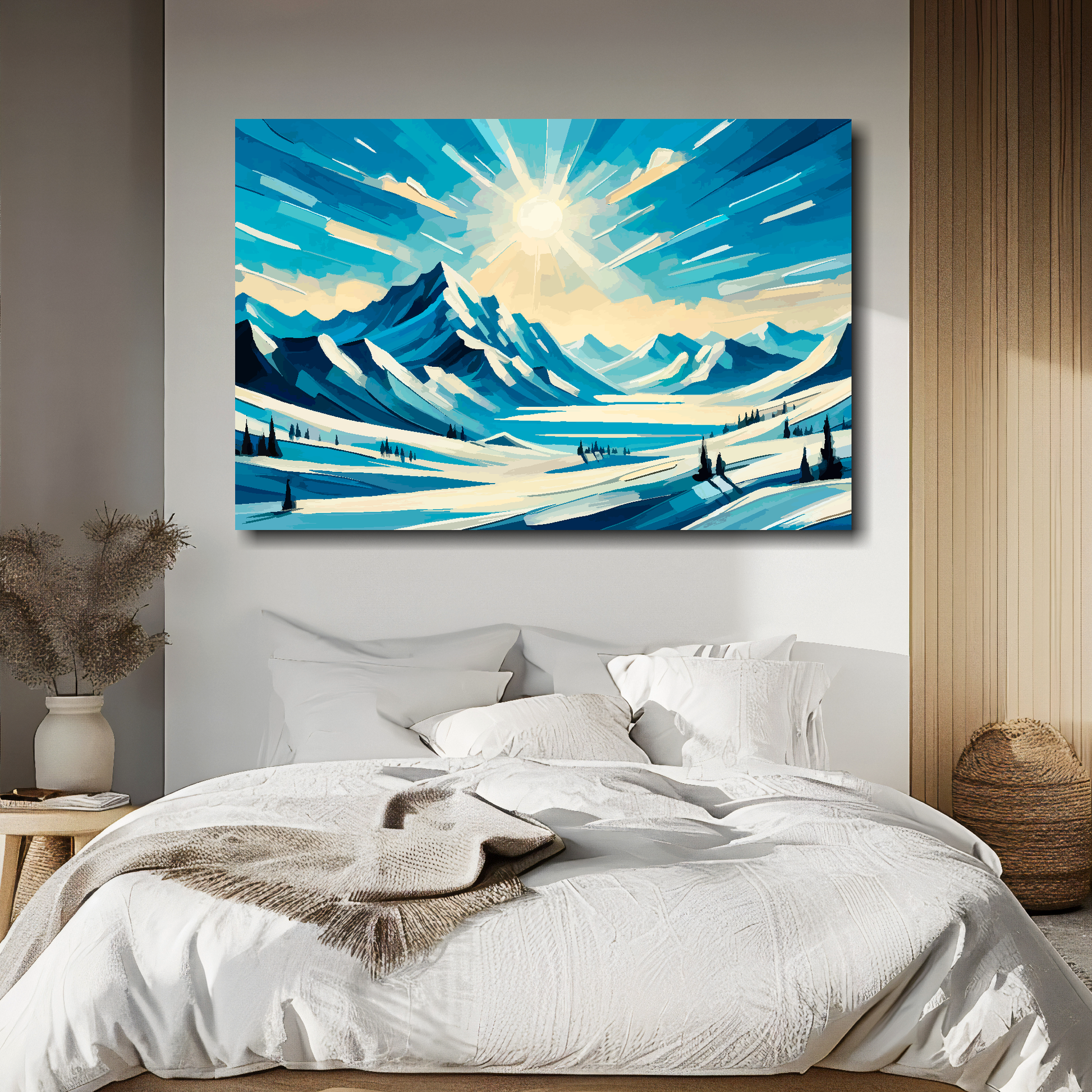 White silence canvas above bed - colourful landscape wall decor for UK bedrooms