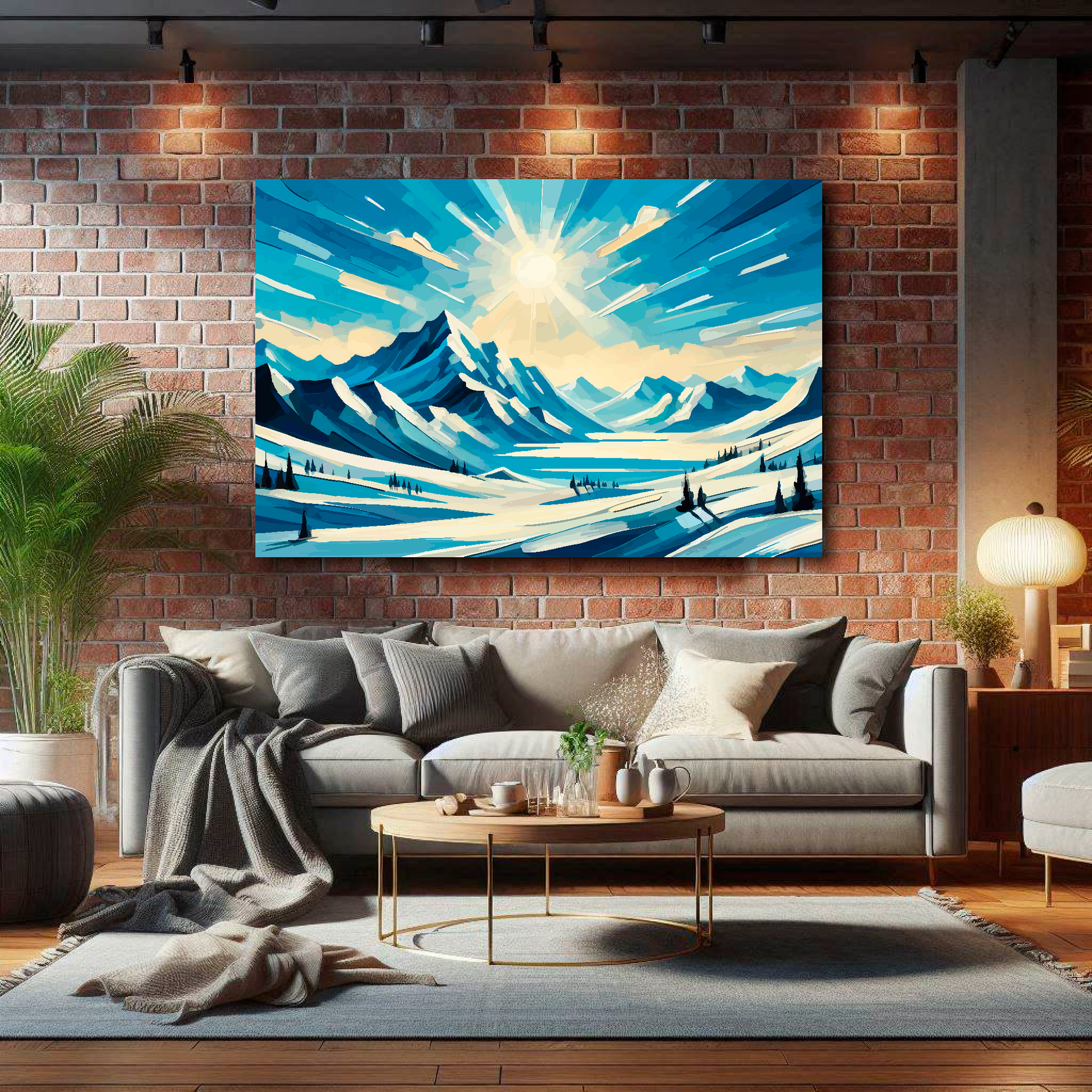 Large white silence canvas on brick wall above grey sofa - bold landscape art UK living room