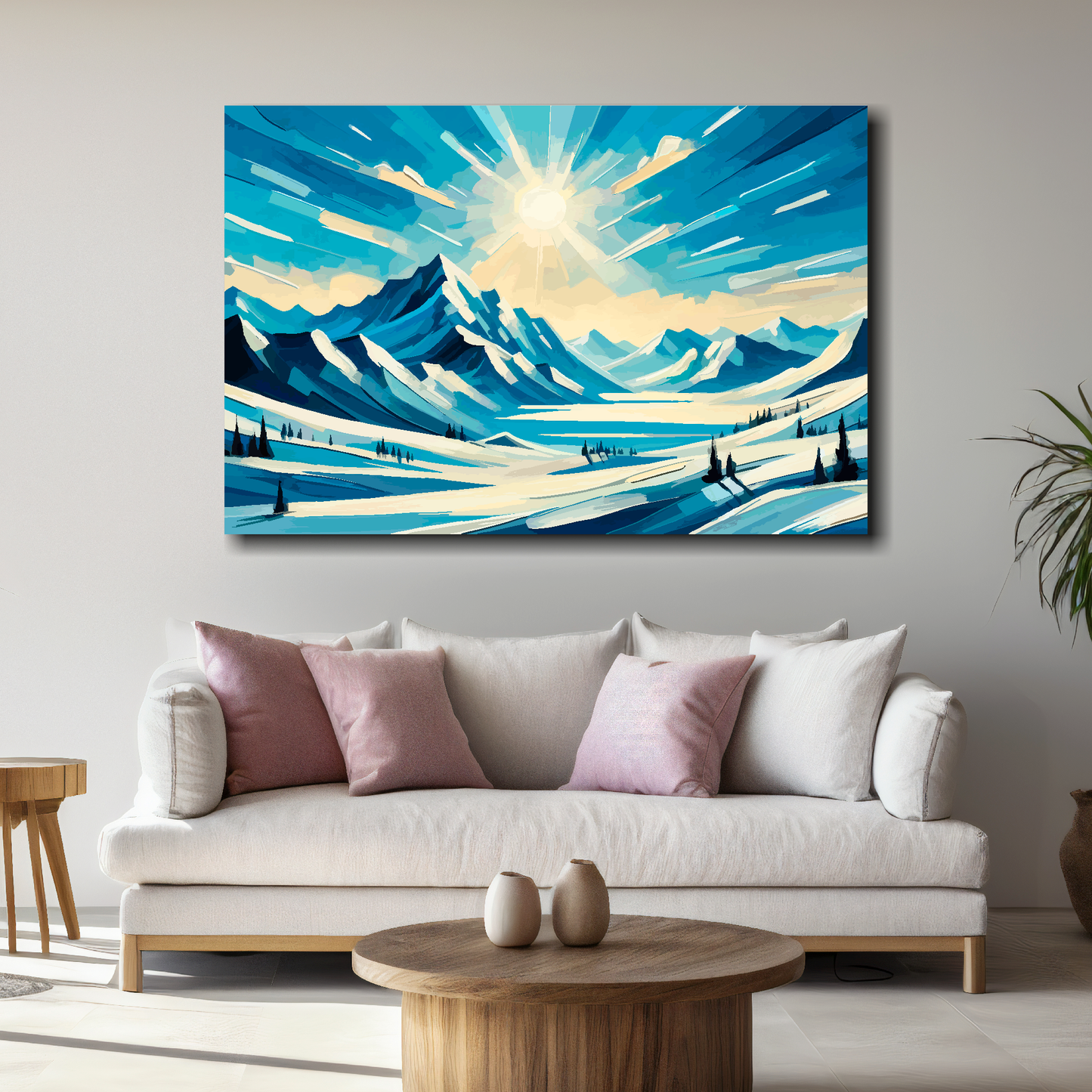 Large white silence canvas above white sofa - vibrant abstract landscape wall art UK