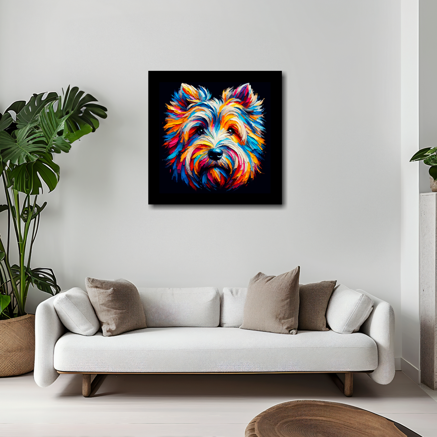 Skye Terrier canvas 20x20 inches above white sofa - vibrant dog portrait wall art UK