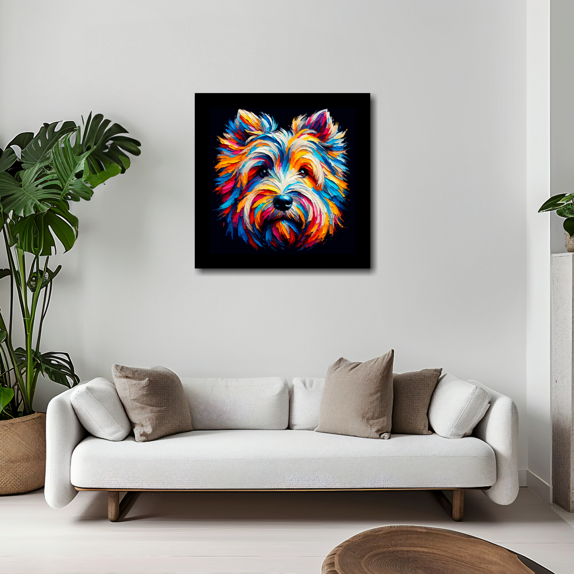 Skye Terrier canvas 20x20 inches above white sofa - vibrant dog portrait wall art UK