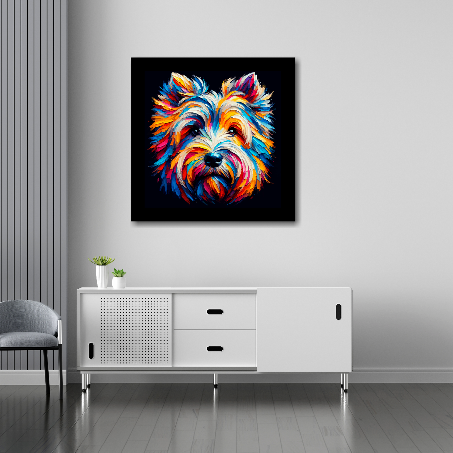 Skye Terrier canvas 30x30 inches above sideboard - large colourful dog portrait UK made