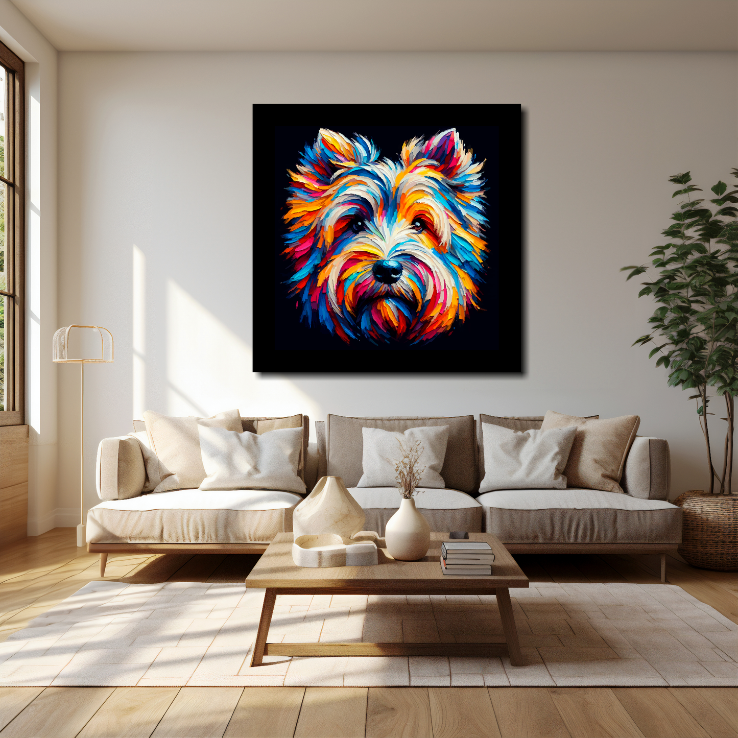 Skye Terrier canvas 40x40 inches above cream sofa - XL vibrant dog wall art UK