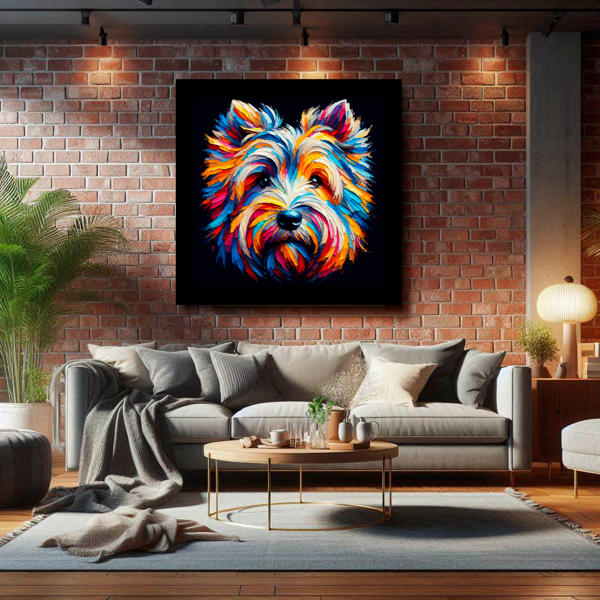 Large Skye Terrier canvas on brick wall above grey sofa - bold dog portrait UK living room