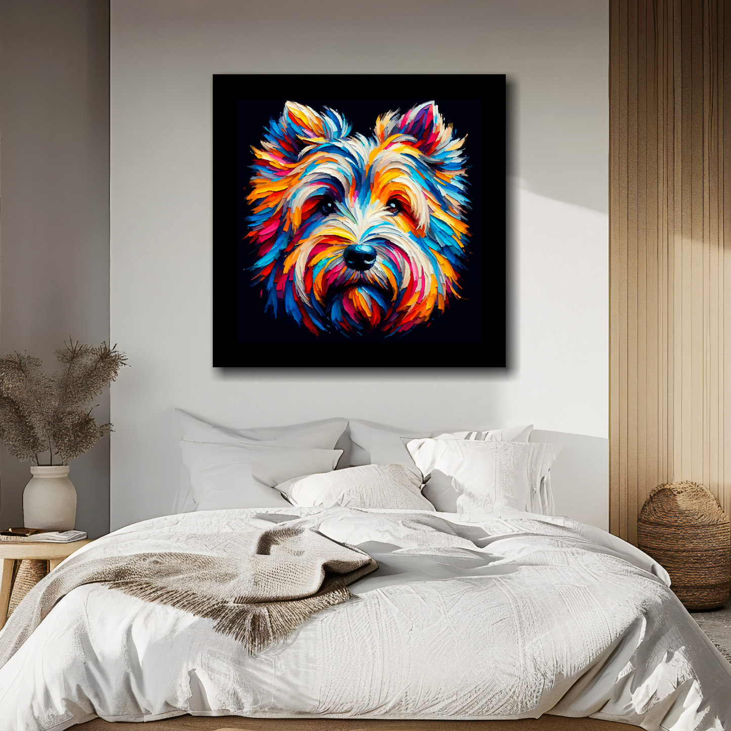 Skye Terrier portrait canvas above bed - colourful dog wall decor for UK bedrooms