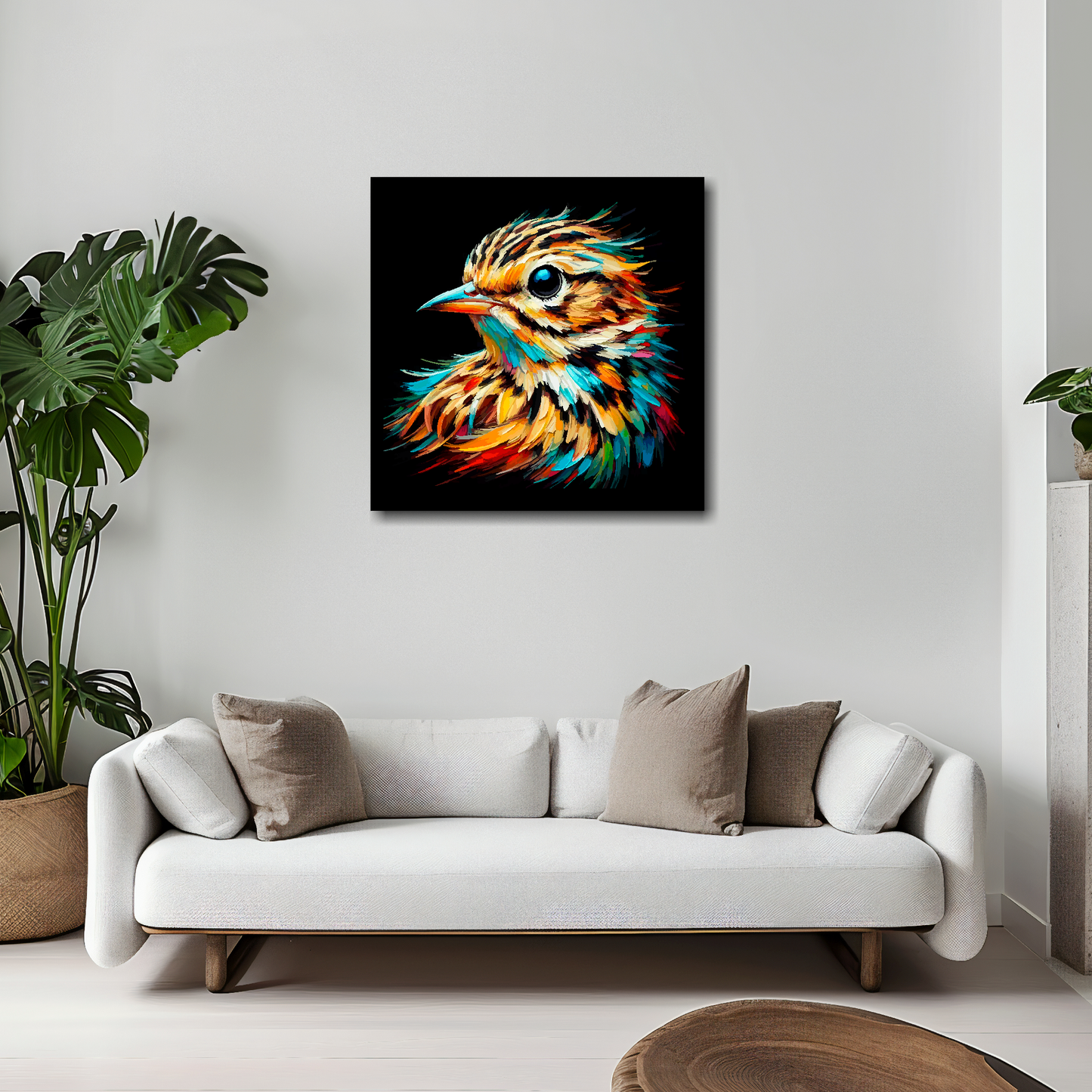 Skylark canvas 20x20 inches above white sofa - vibrant bird portrait wall art UK