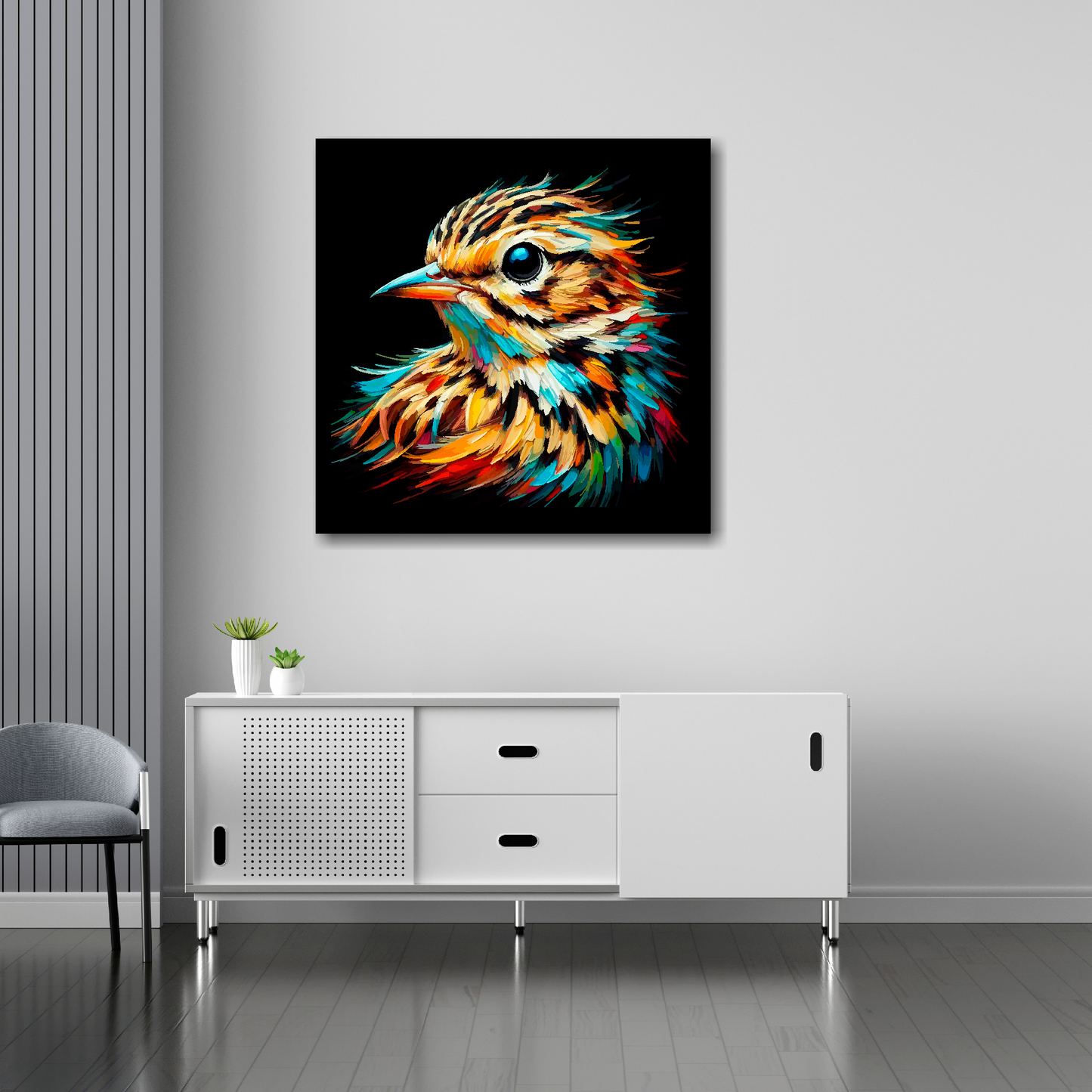 Skylark canvas 30x30 inches above sideboard - large colourful bird portrait UK made