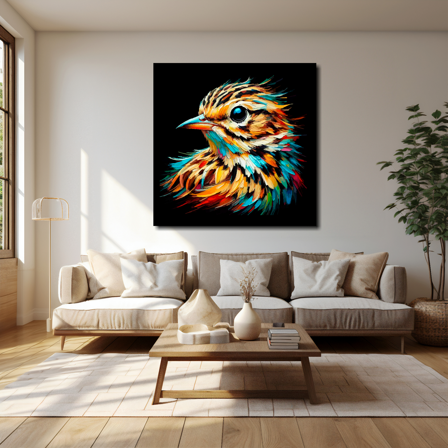 Skylark canvas 40x40 inches above cream sofa - XL vibrant bird wall art UK