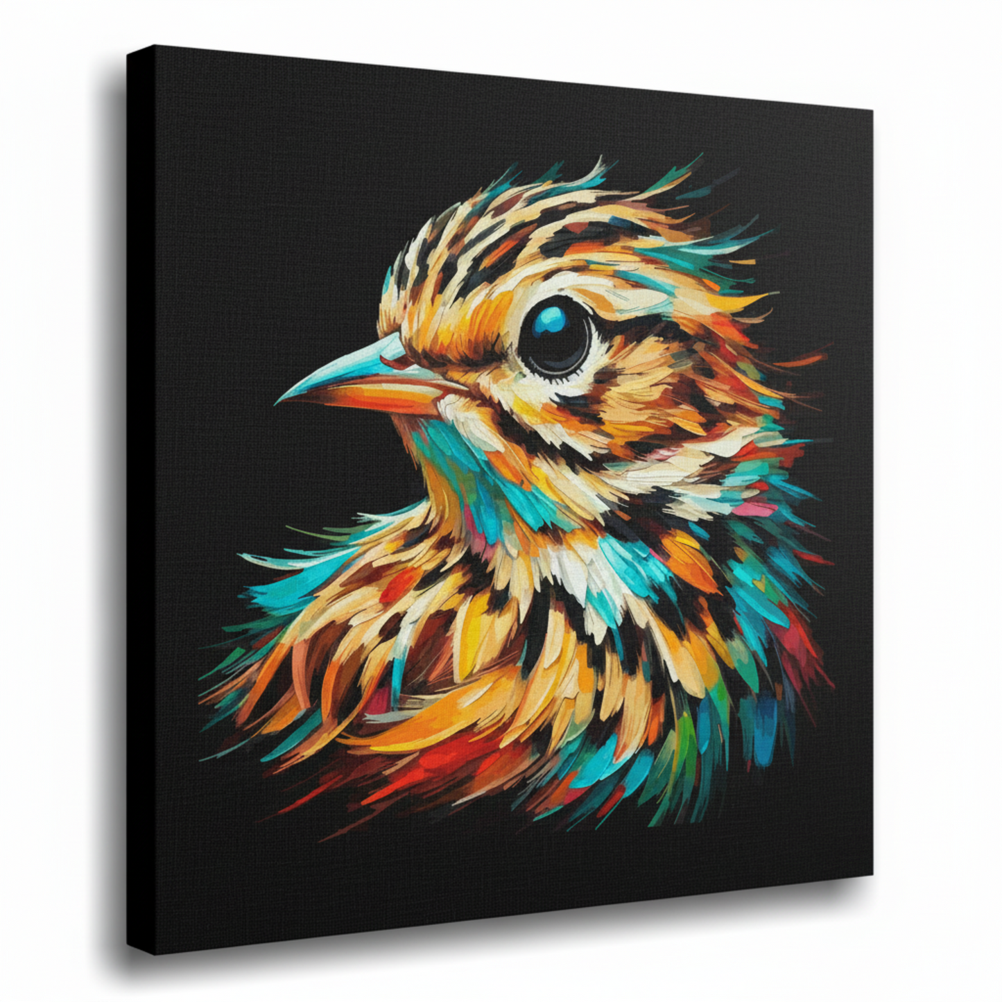 Colourful Skylark bird portrait canvas print - UK made abstract wildlife wall art black background