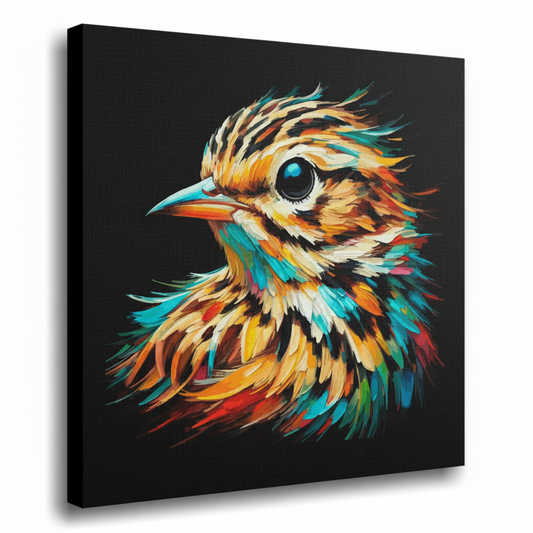 Colourful Skylark bird portrait canvas print - UK made abstract wildlife wall art black background