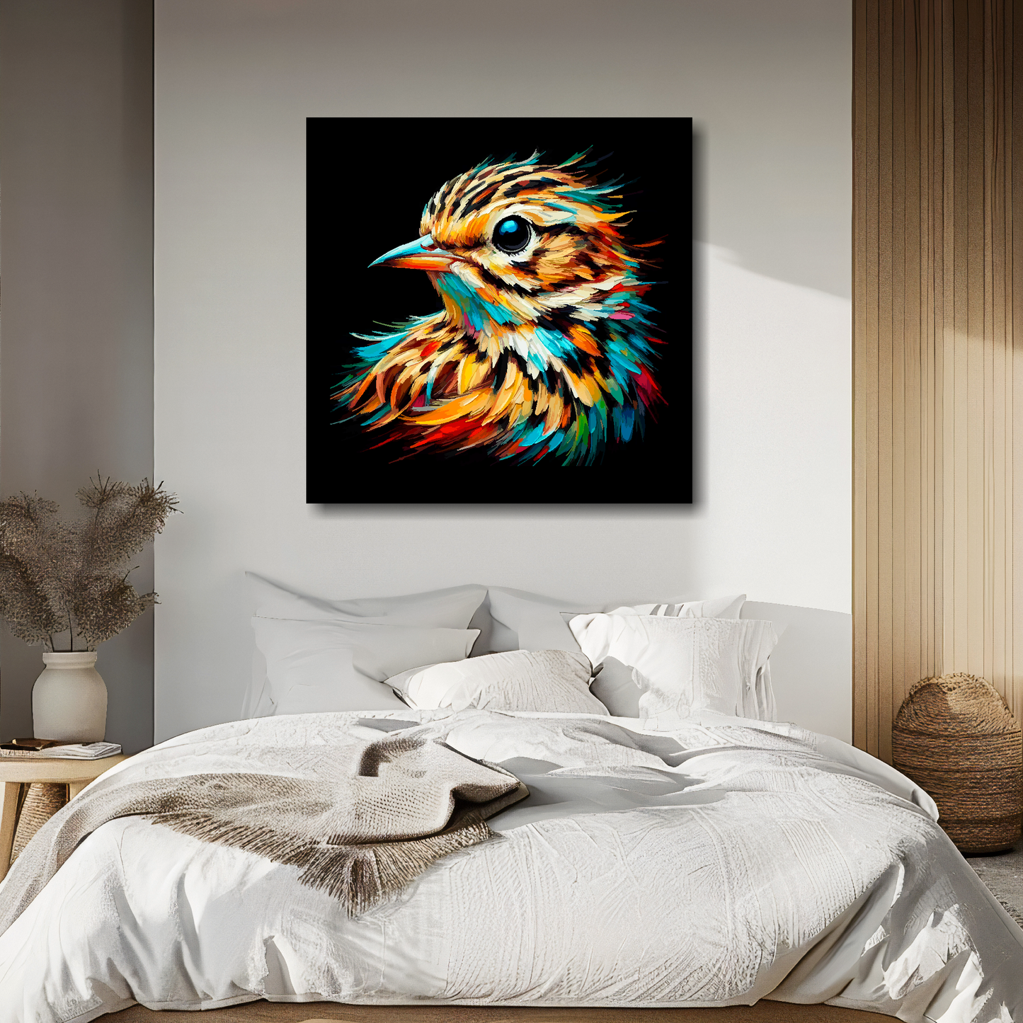 Skylark portrait canvas above bed - colourful bird wall decor for UK bedrooms
