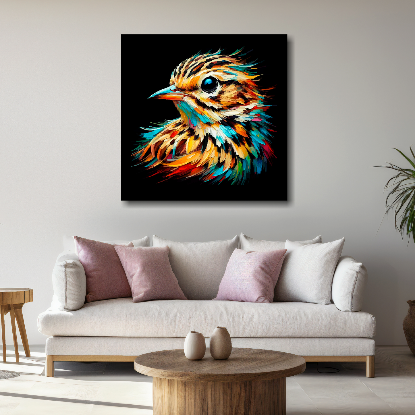 Large Skylark canvas above white sofa - vibrant abstract bird portrait wall art UK